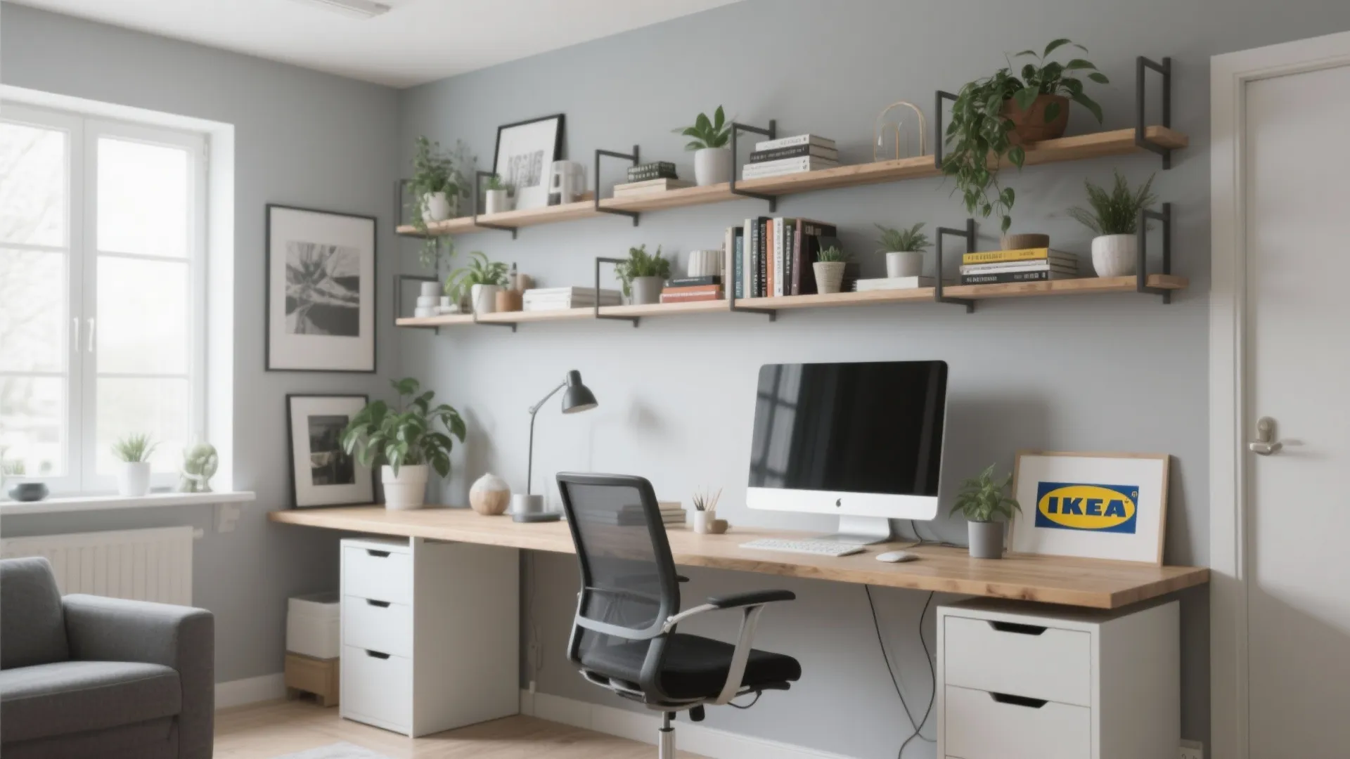 Desk with floating shelves above it, holding plants and books