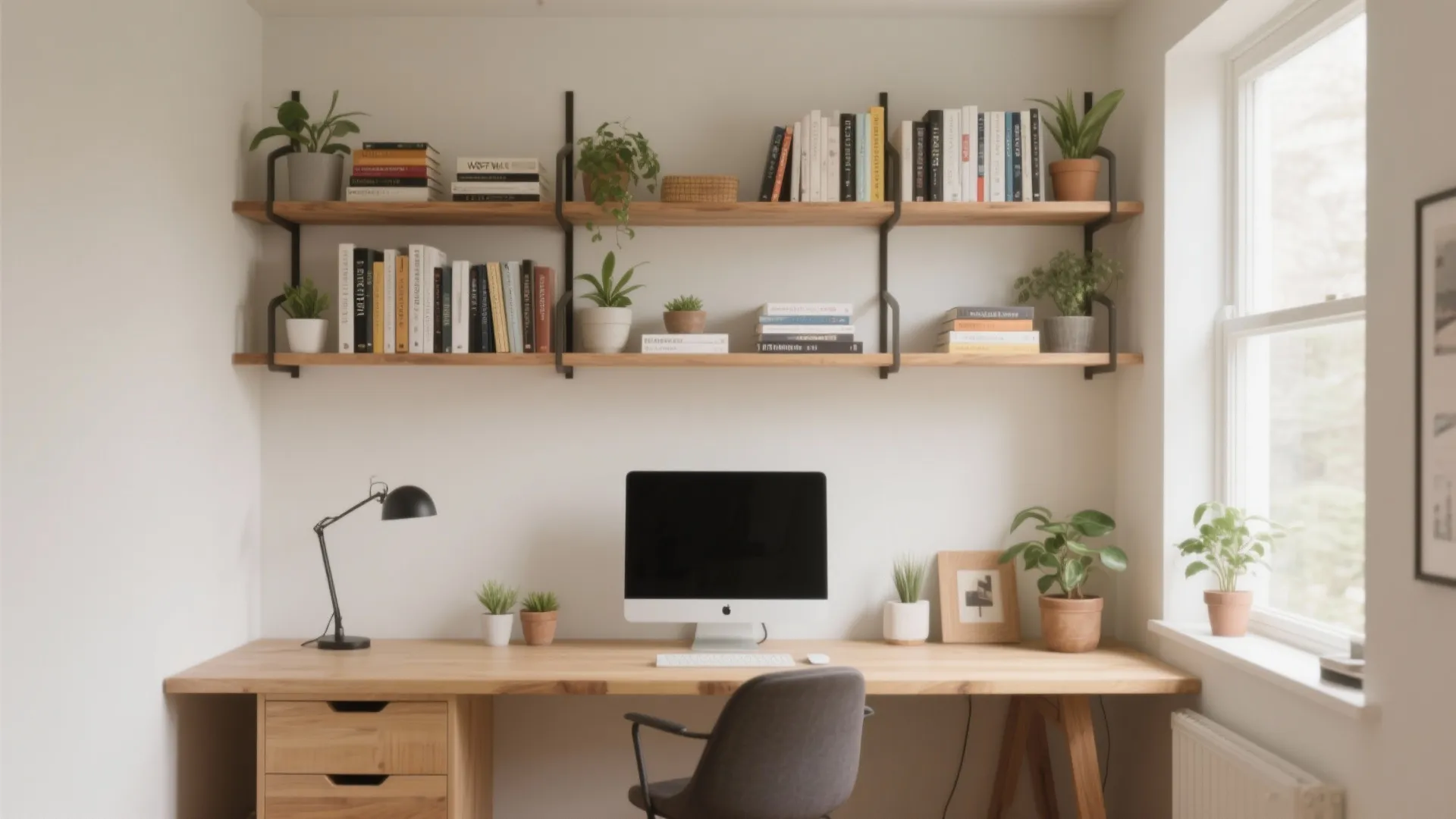 1. Floating Shelves Above the Desk