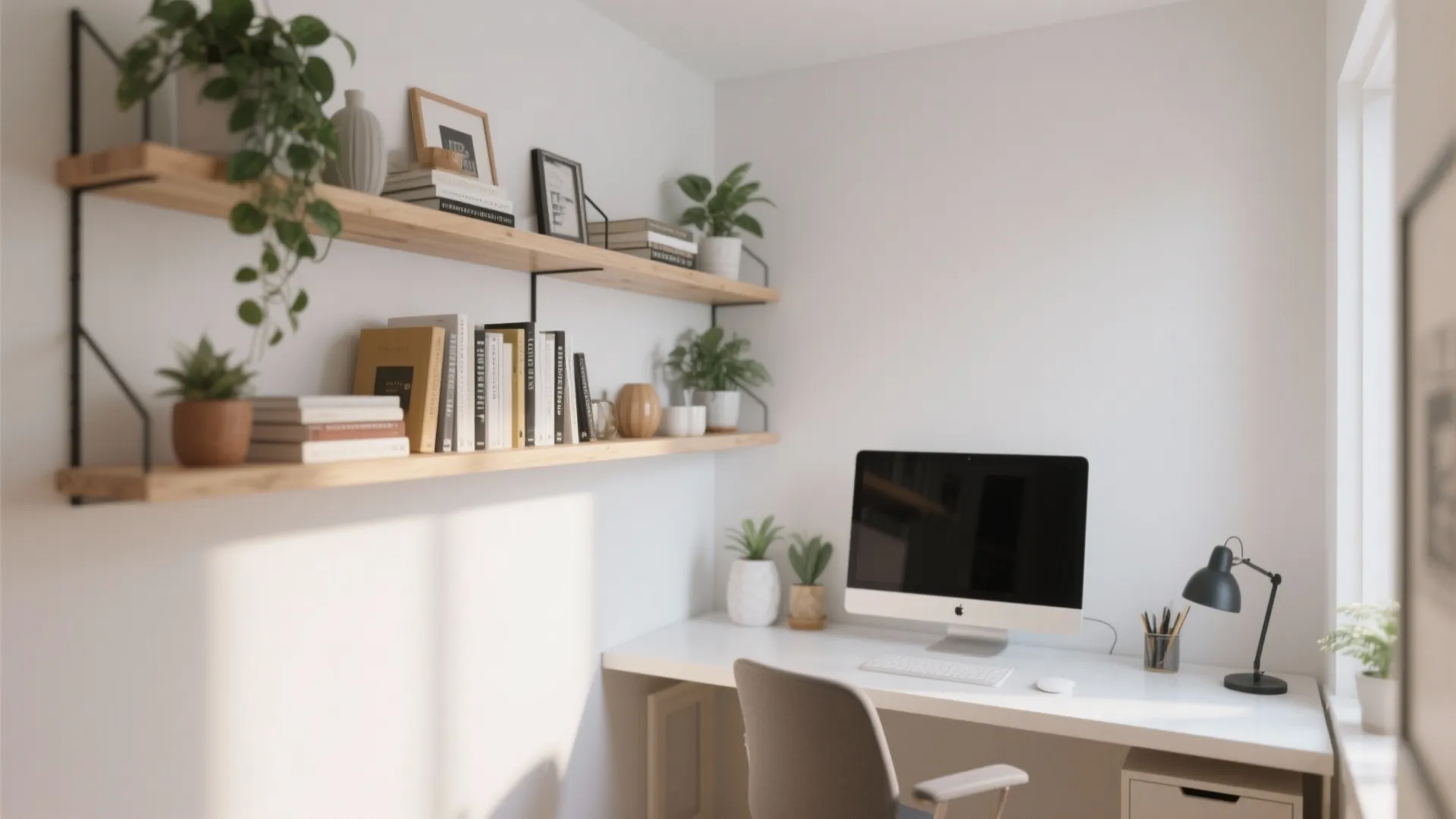 Modern home office setup with computer desk and wooden floating wall shelves holding green plants