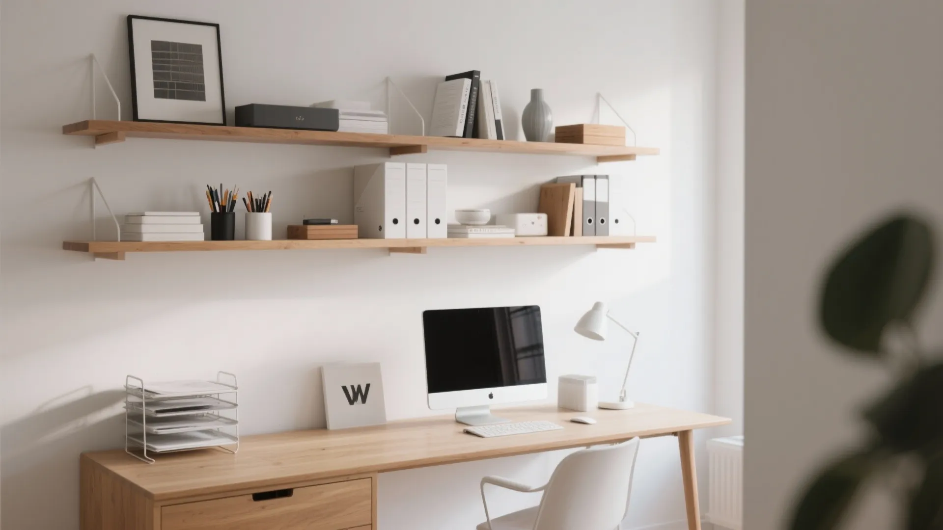 Minimalist wooden desk with computer and two long wall shelves holding books and office supplies