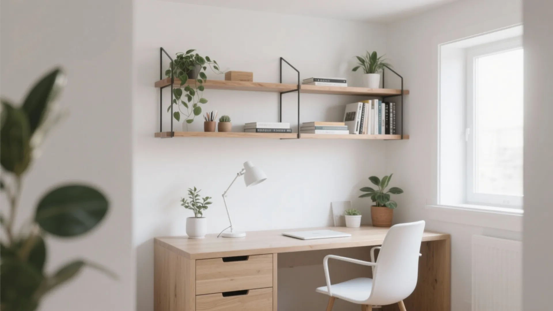 1. Floating Shelves Above the Desk