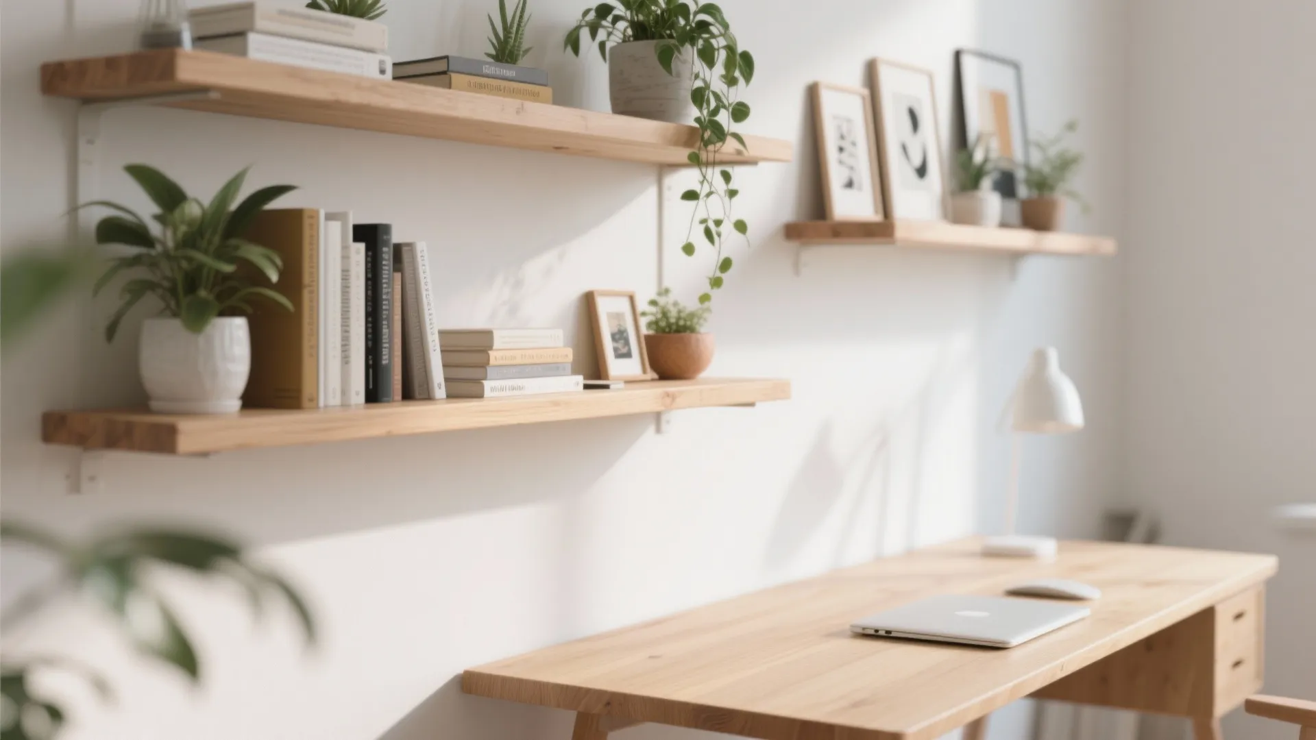 Minimalist wooden desk with a laptop and floating wall shelves holding green plants and books