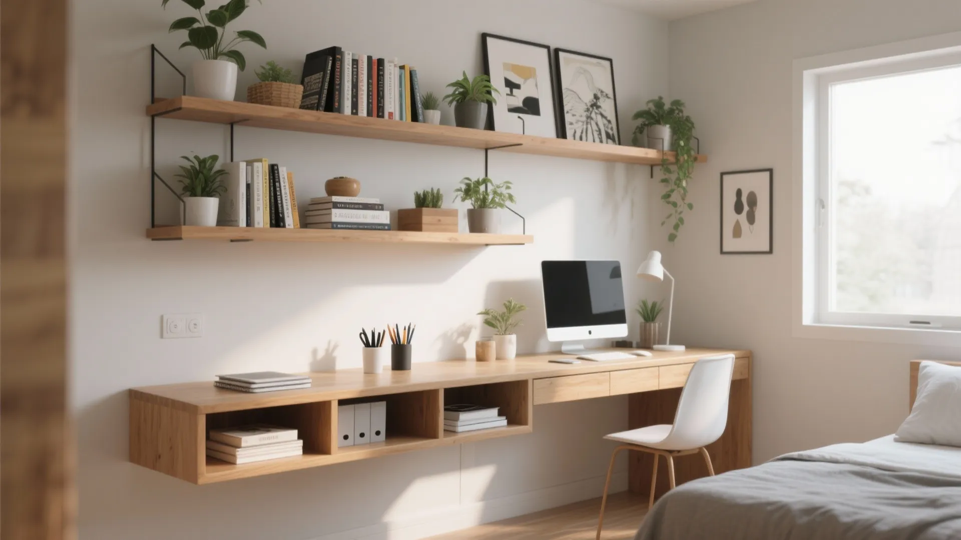 Long wooden wall desk with floating shelves holding plants and books next to a bed