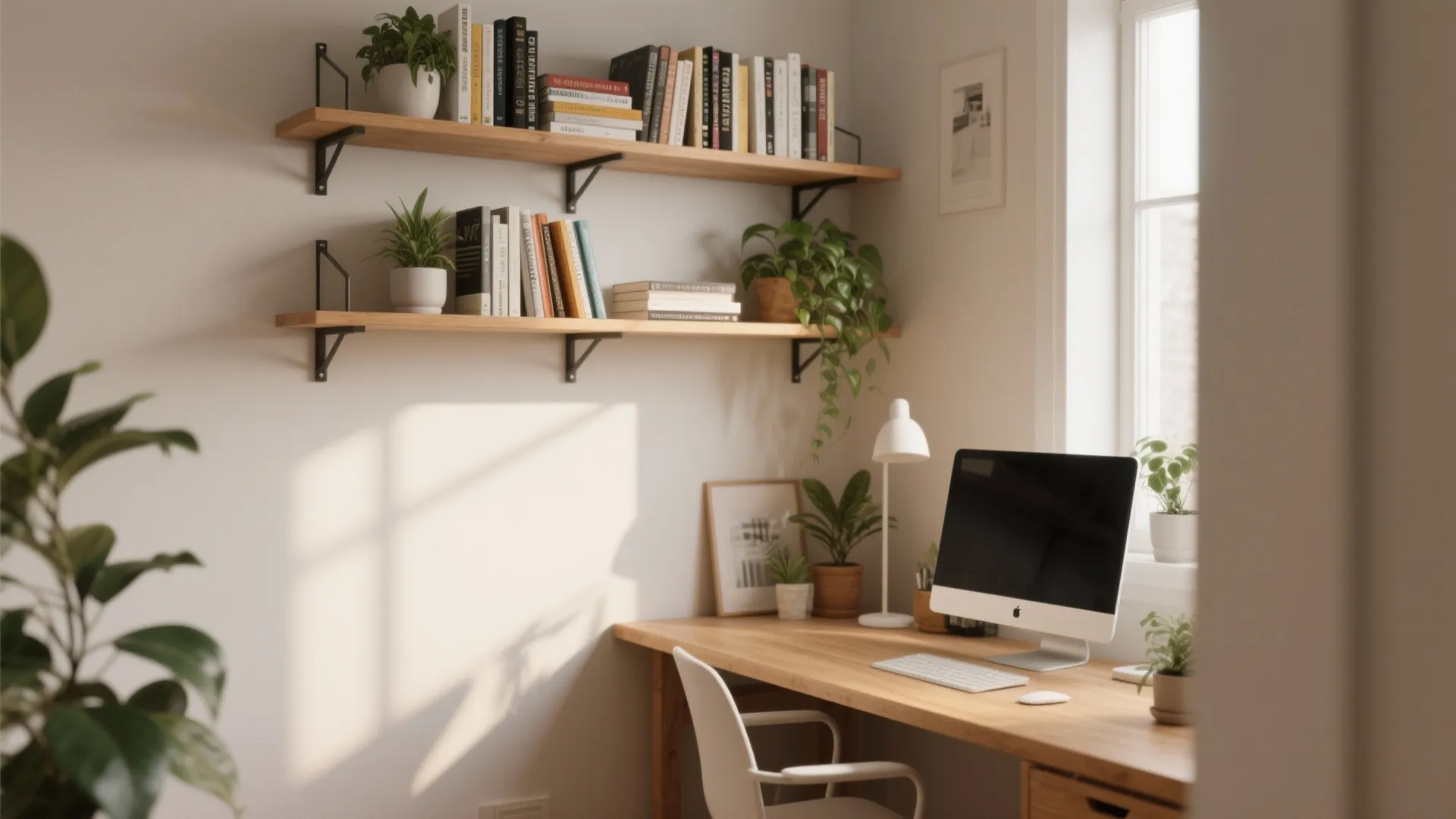 Wooden desk with computer and chair below two floating wall shelves holding books and plants