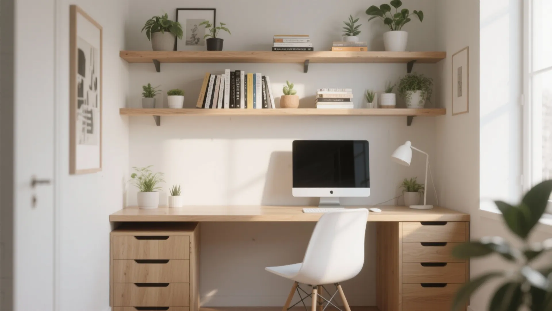 1. Floating Shelves Above the Desk
