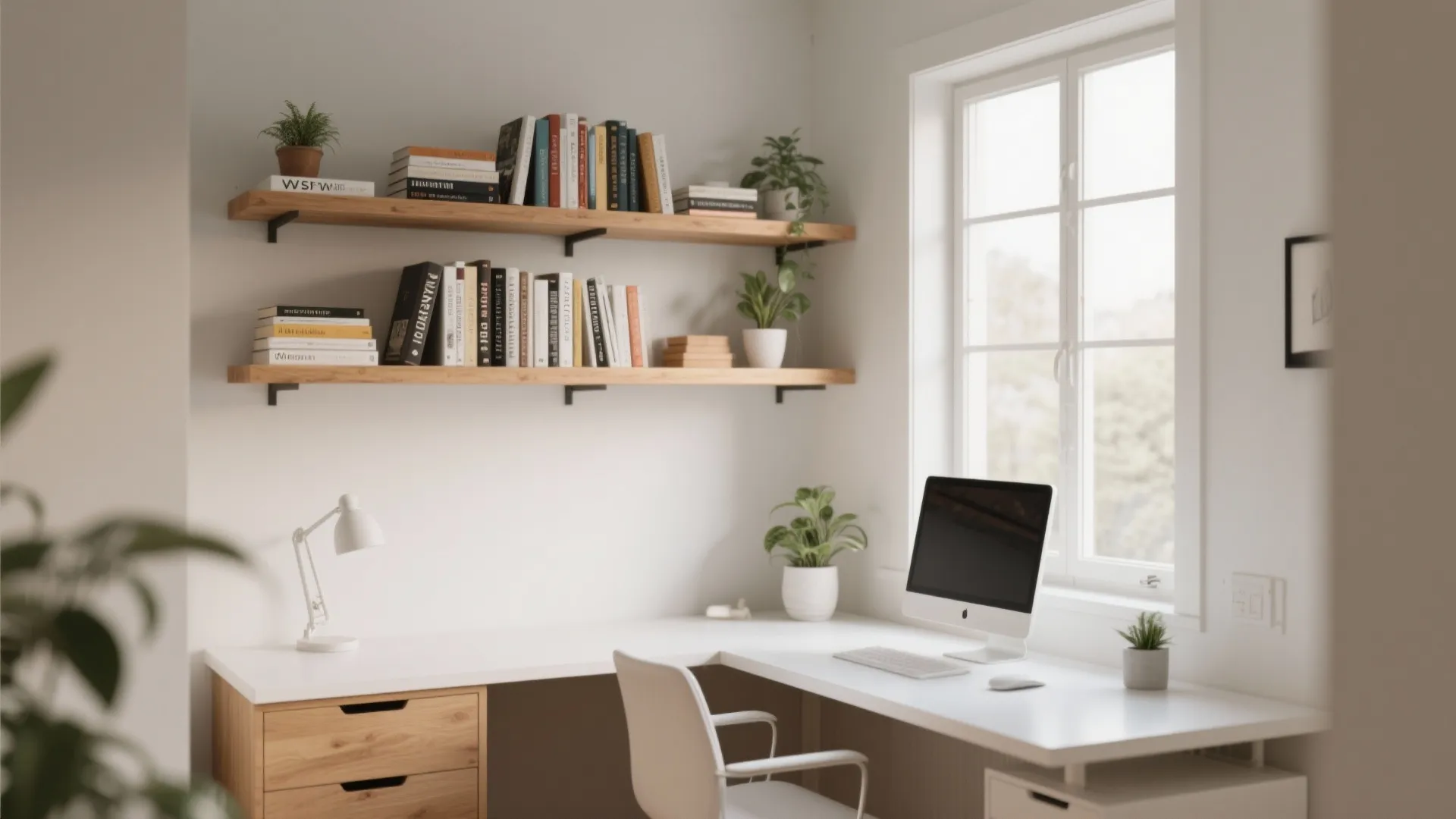 1. Floating Shelves Above the Desk