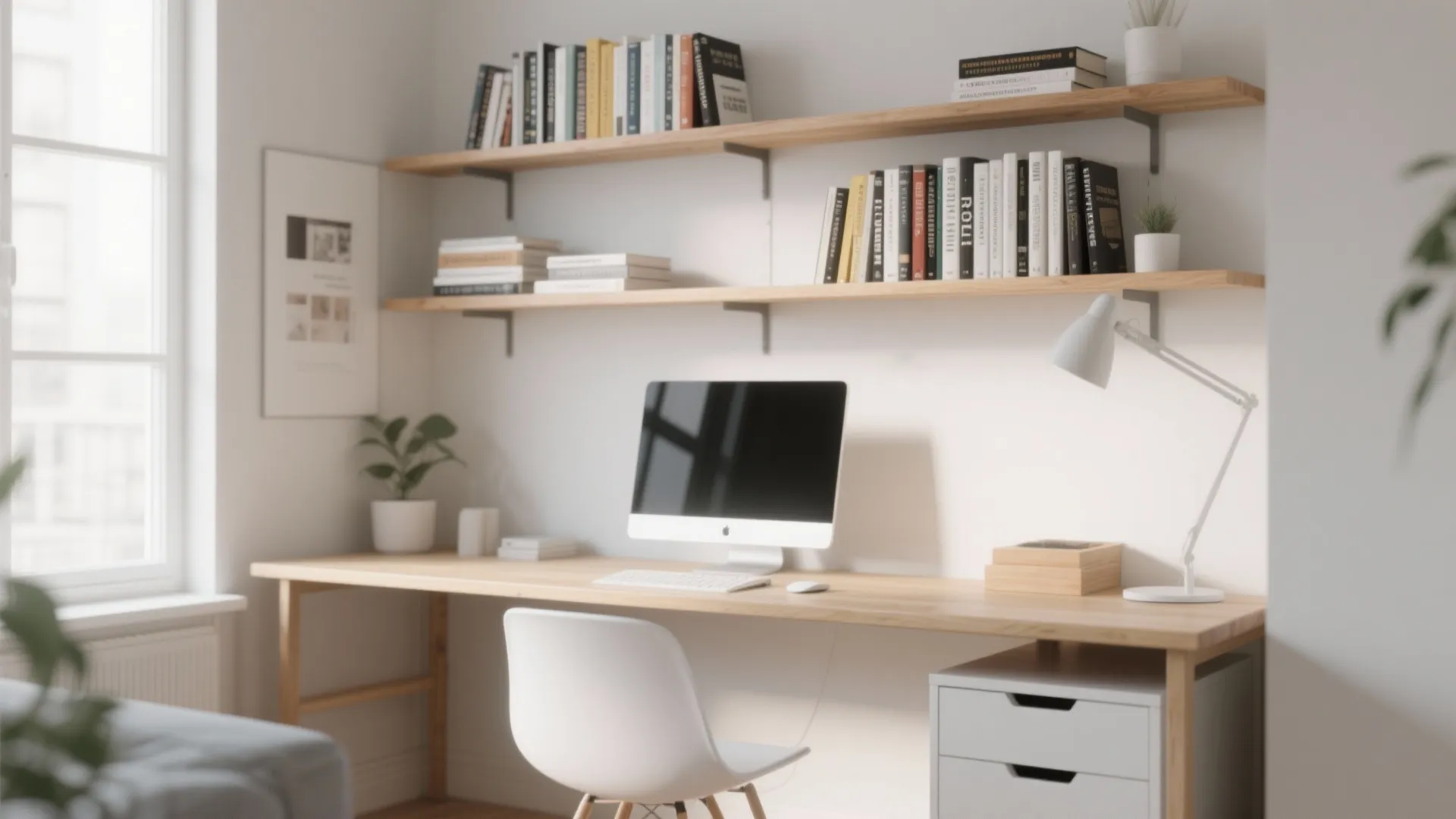 Modern home office with wooden desk white chair computer lamp and floating shelves with books