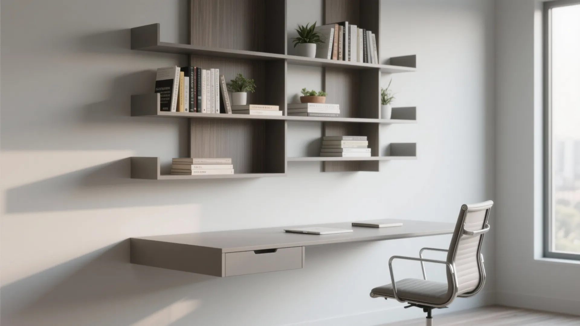 Wall mounted grey desk with matching shelves holding books and small green plants beside window