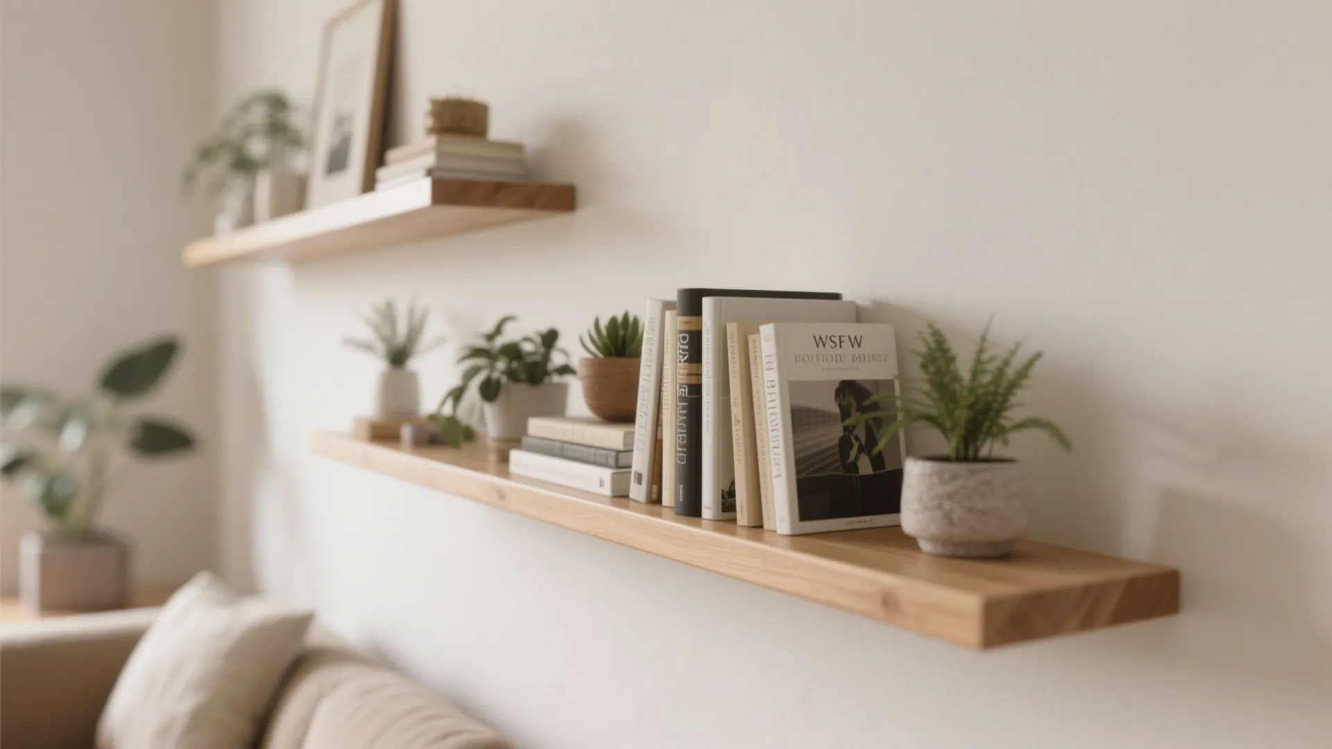 Close up of wooden wall shelves holding various books and small green plants in white pots