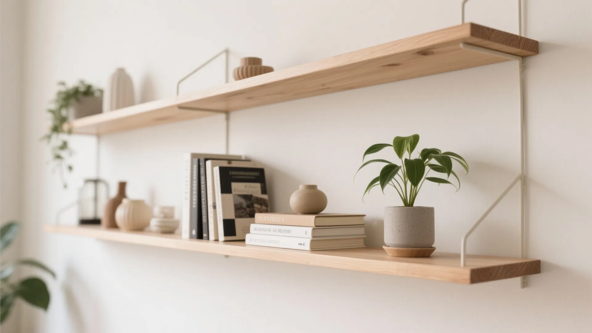 Minimalist wooden wall shelves holding books and small green plants in a clean white room