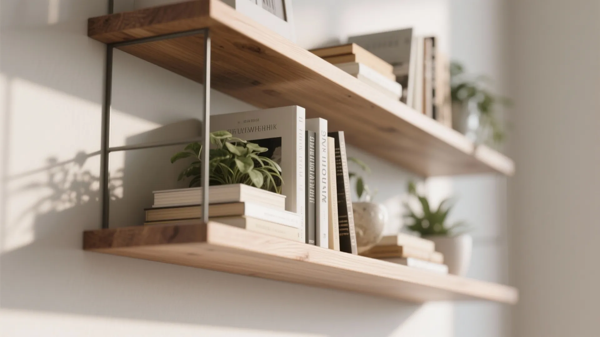 Close up view of wooden wall shelves holding books and green plants in a bright room