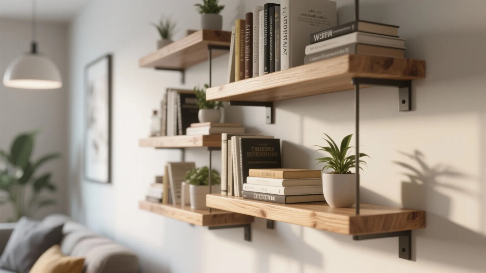 Close-up of floating shelves with books and plants in a living room