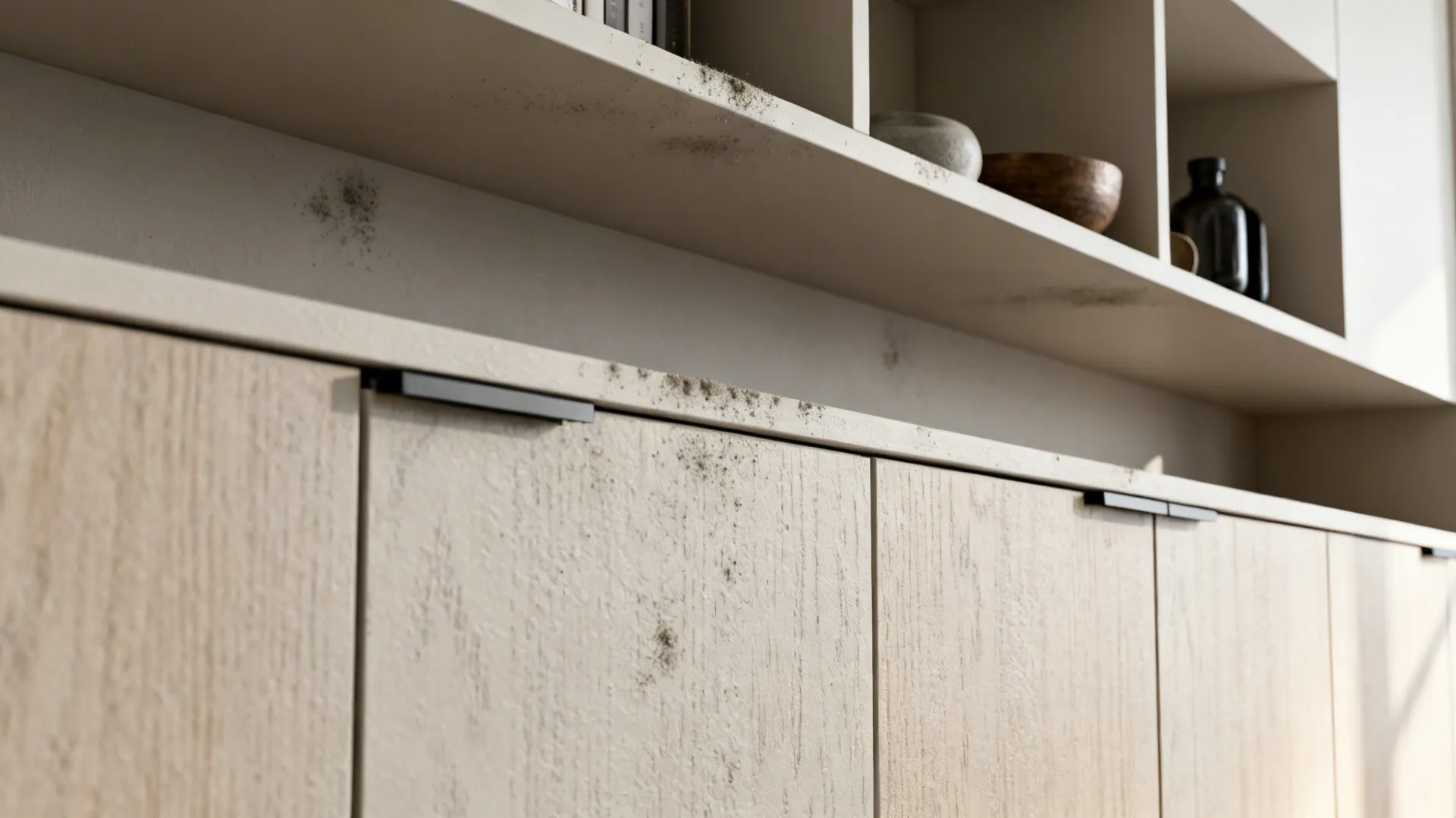 Detail of floating upper shelves paired with closed lower cabinets showing material texture