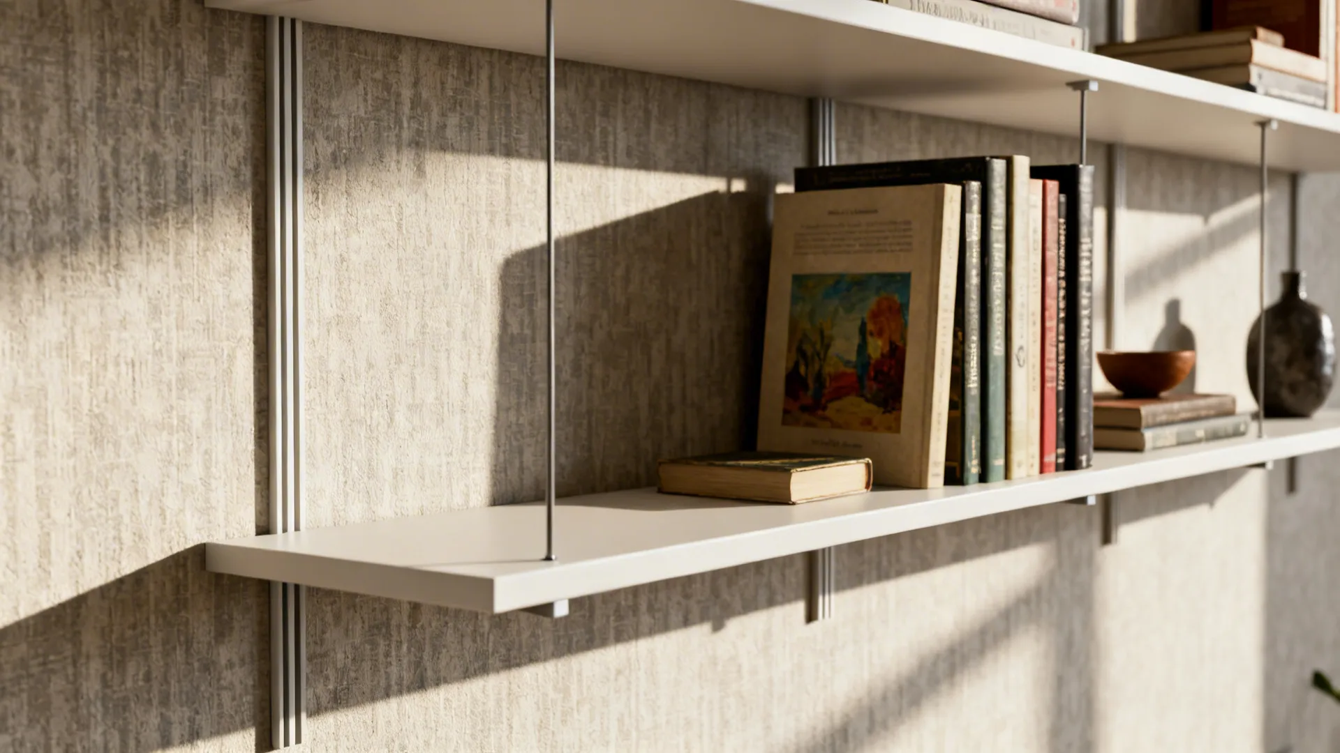 Close-up of concealed-support floating shelves displaying books and decor with clean joinery