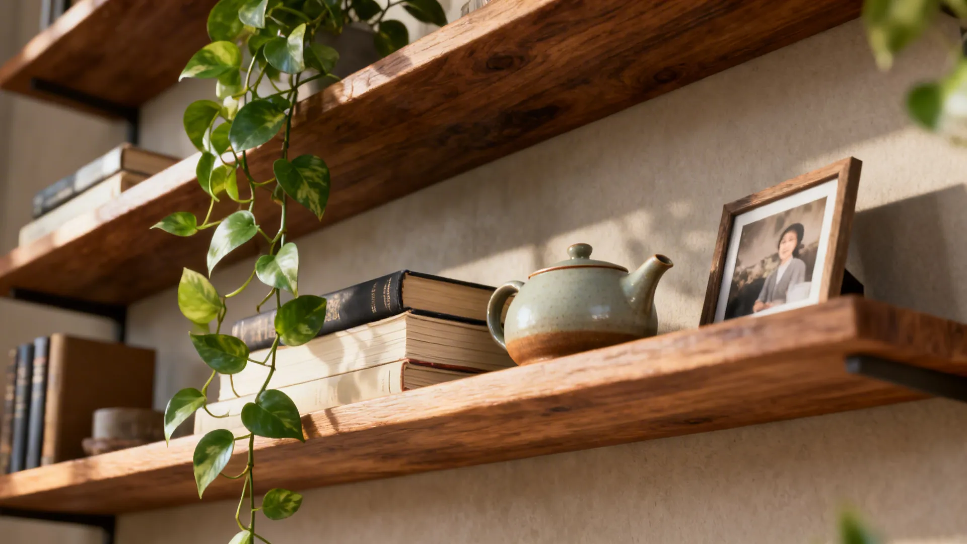 Wooden wall shelves decorated with old books, small teapot, picture frame, and hanging green plant