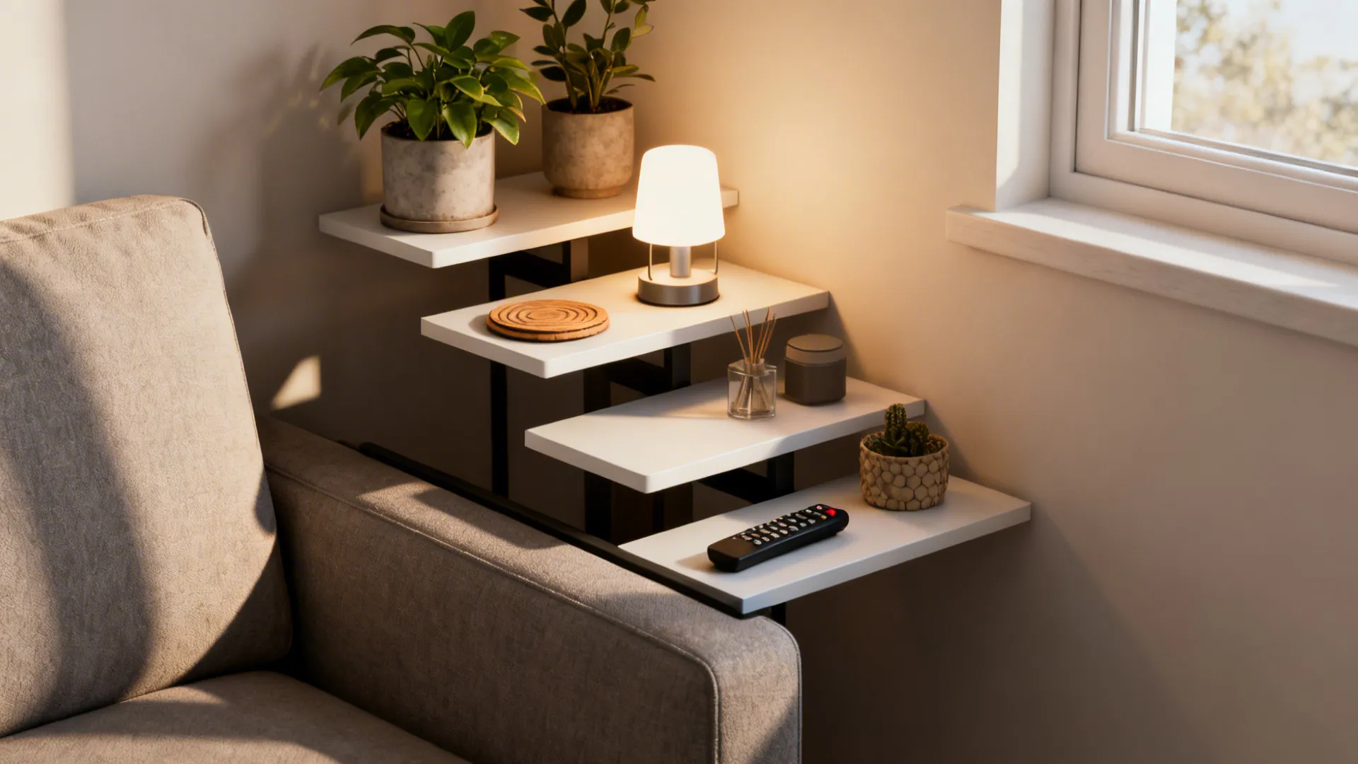 Staggered wall-mounted floating shelves at sofa-arm height holding plants and a lamp.