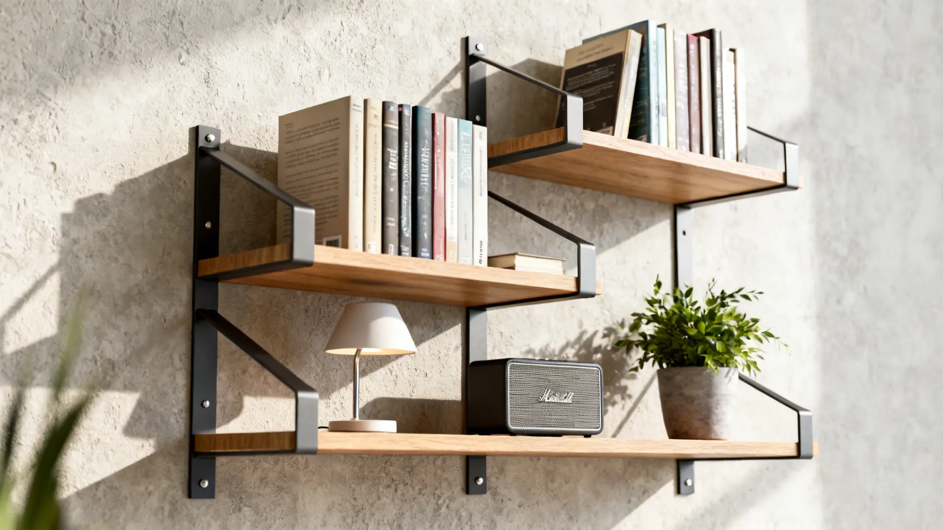 Three staggered floating shelves with books, lamp and plant