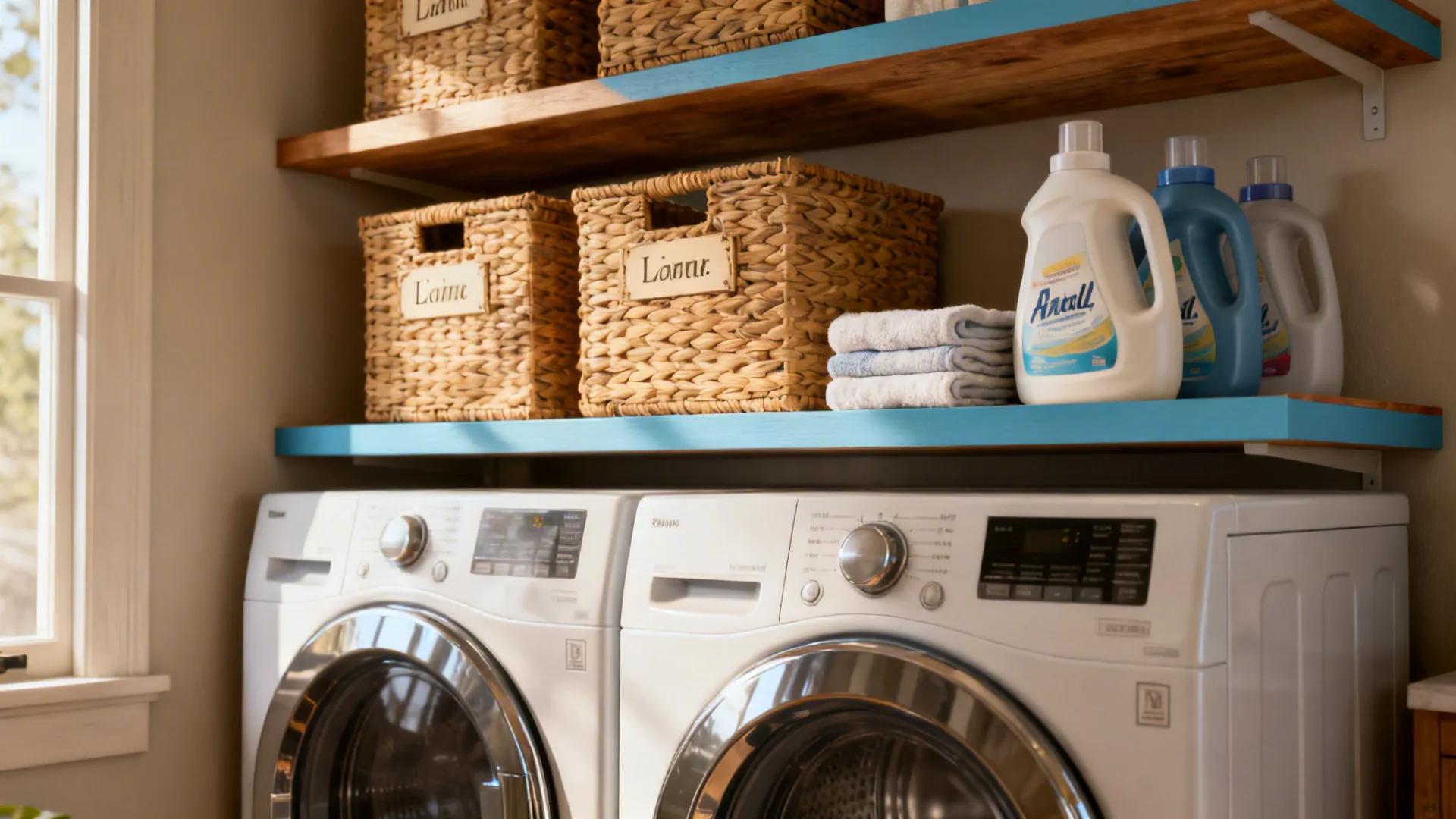 Shallow floating shelves above washer with labeled baskets and detergents