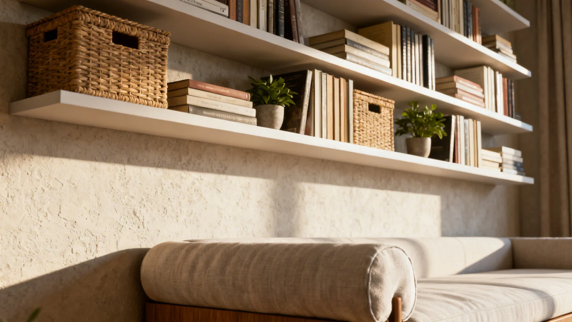 Staggered floating shelves with baskets and decor above a slim sofa in a small living room.