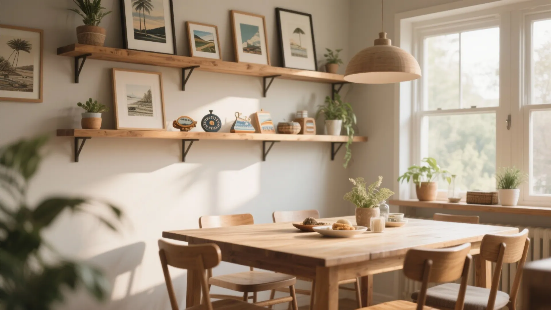 Dining room with wooden table and chairs plus wall mounted wooden shelves holding framed wall art