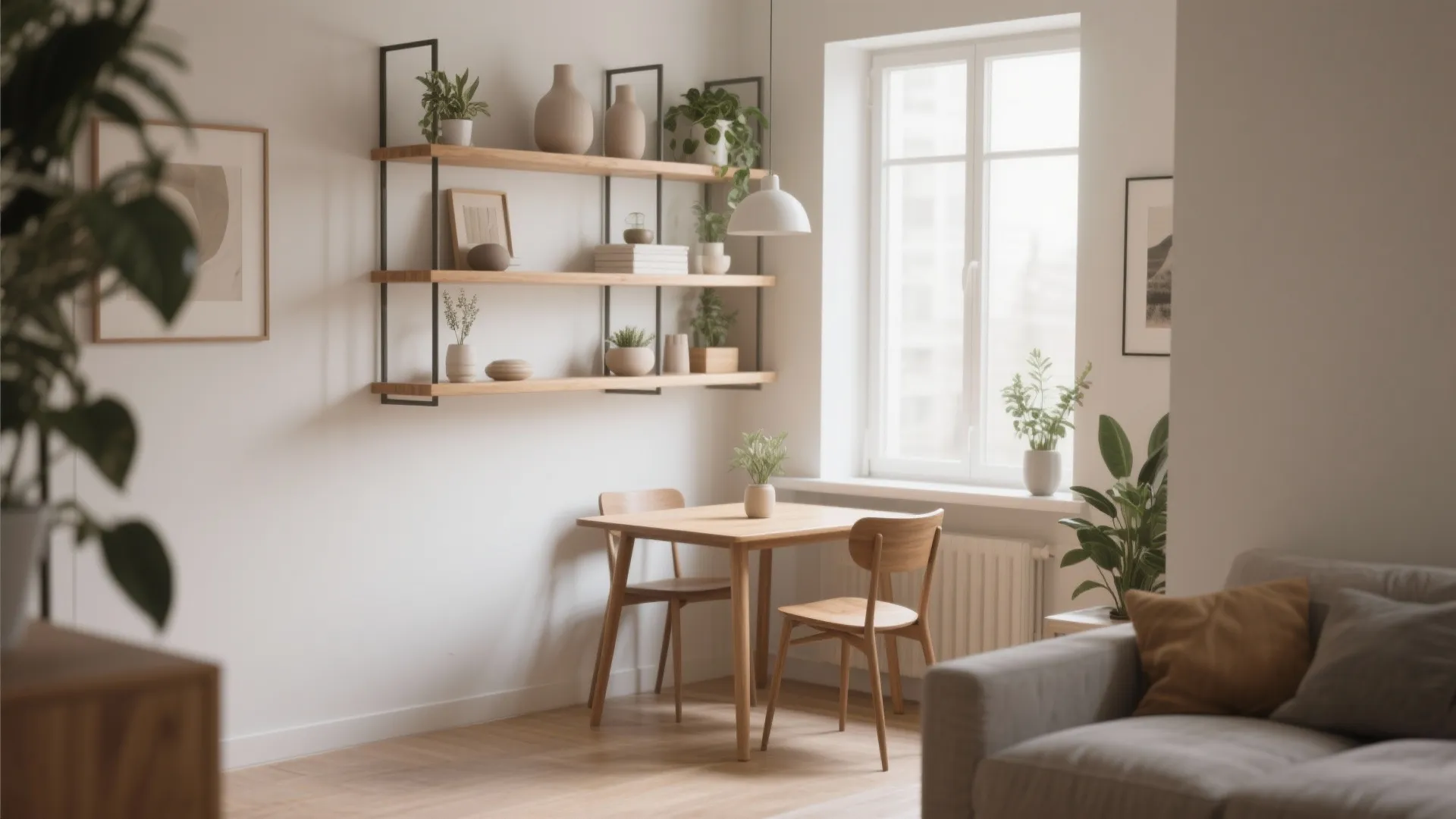 Floating shelves above a dining table displaying neutral décor