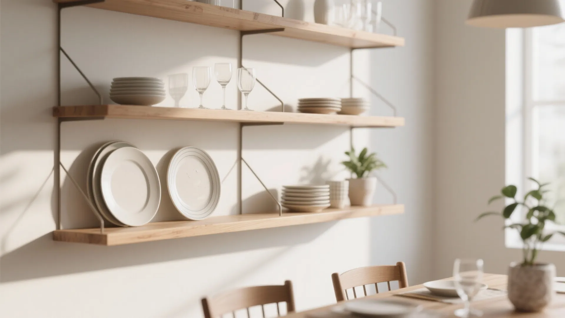 Three wooden floating shelves on white wall holding plates glasses and small green potted plant