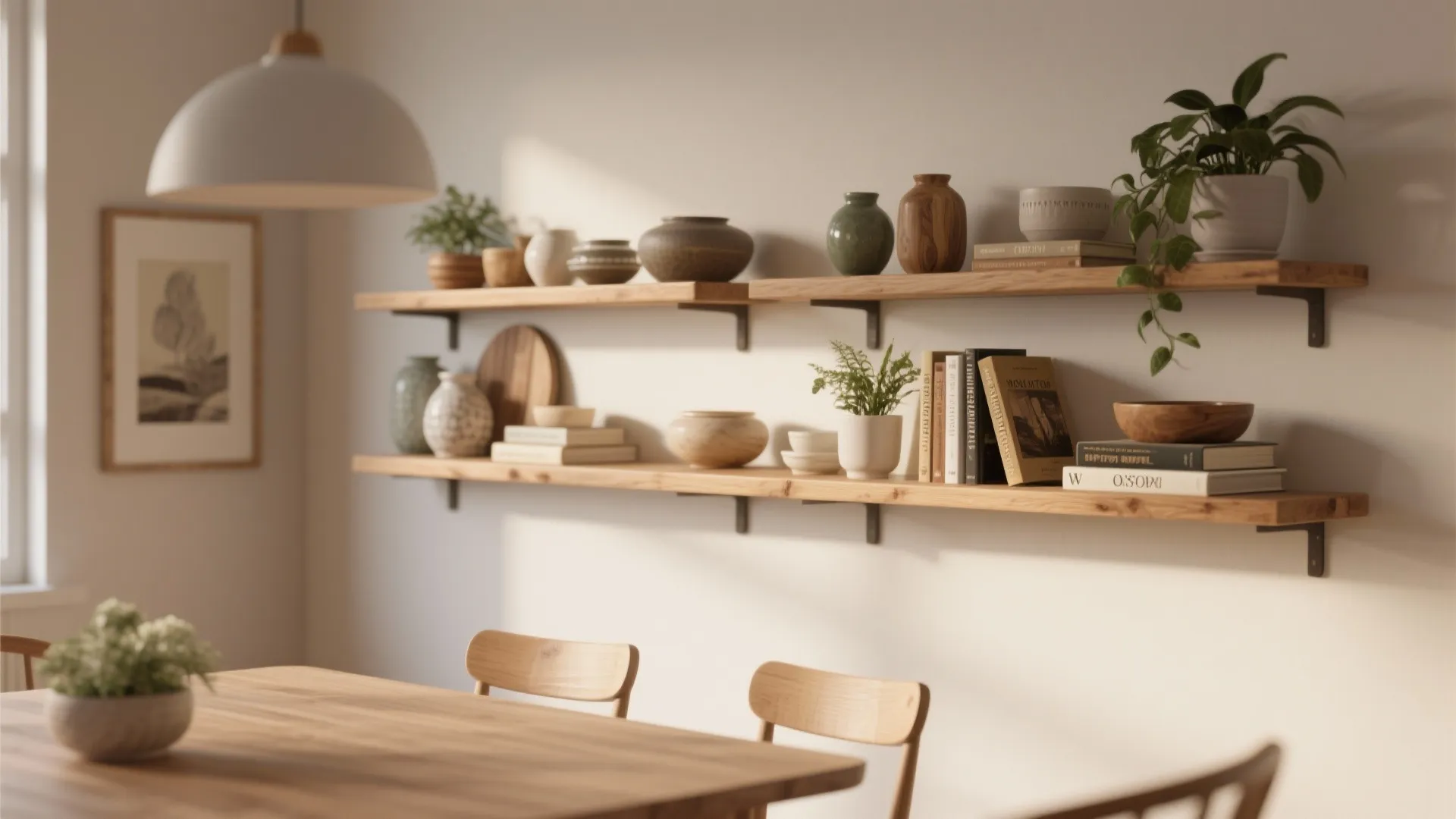 Wooden wall shelves decorated with plants ceramic vases and books in a bright dining room