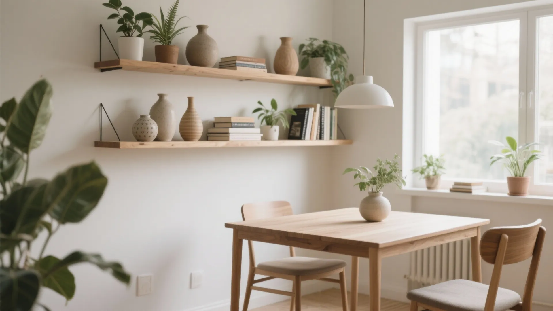 Wooden dining table and chairs with floating wall shelves holding books plants and ceramic vases