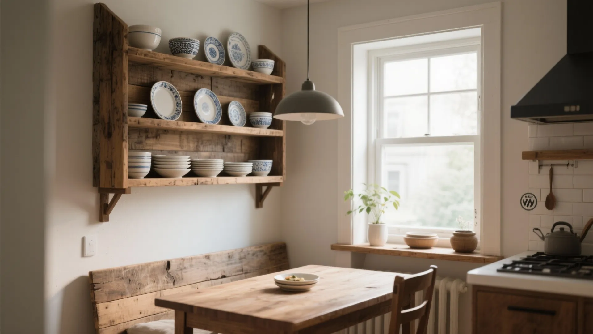 Wall-mounted wooden shelves with ceramic dishes