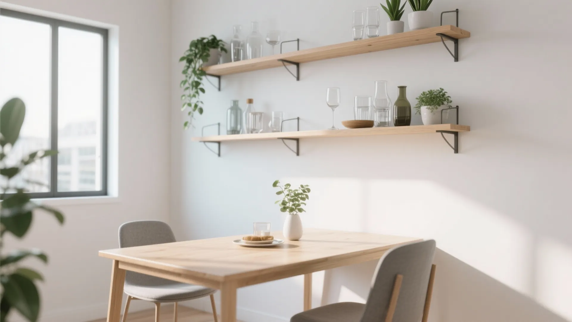 Minimalist dining space with wooden table two grey chairs and long wall shelves with plants