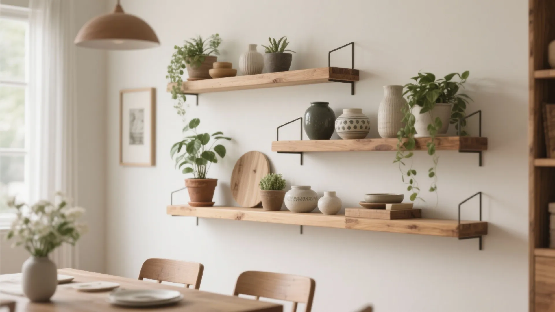 Three wooden wall shelves holding green potted plants and various ceramic vases in a bright room