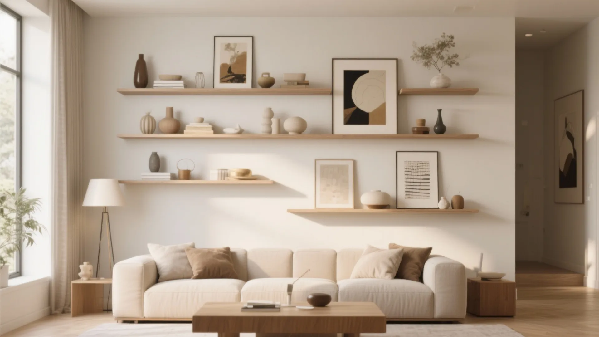 Floating shelves on living room wall displaying art objects