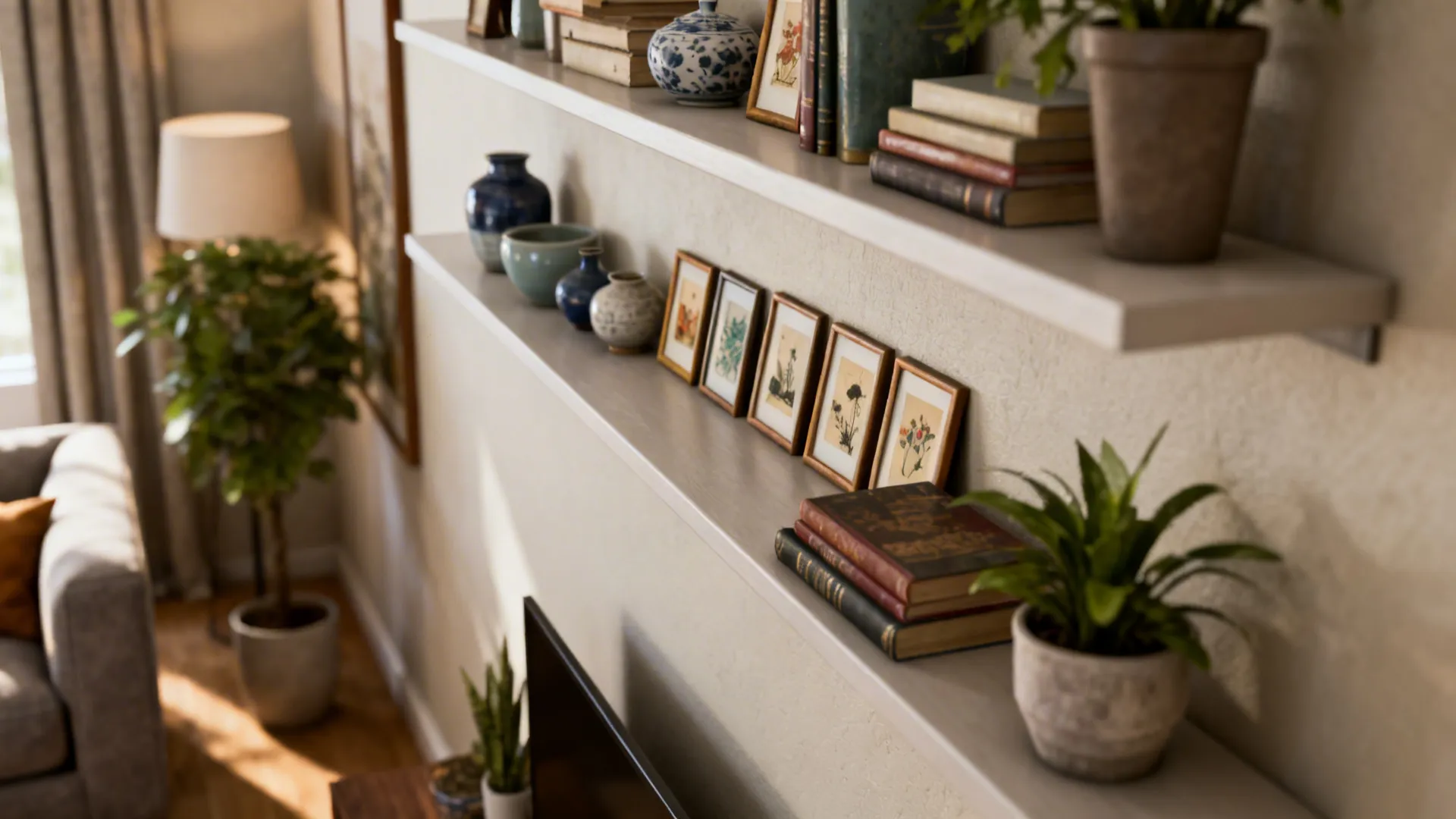 3. Floating shelves with rotating displays