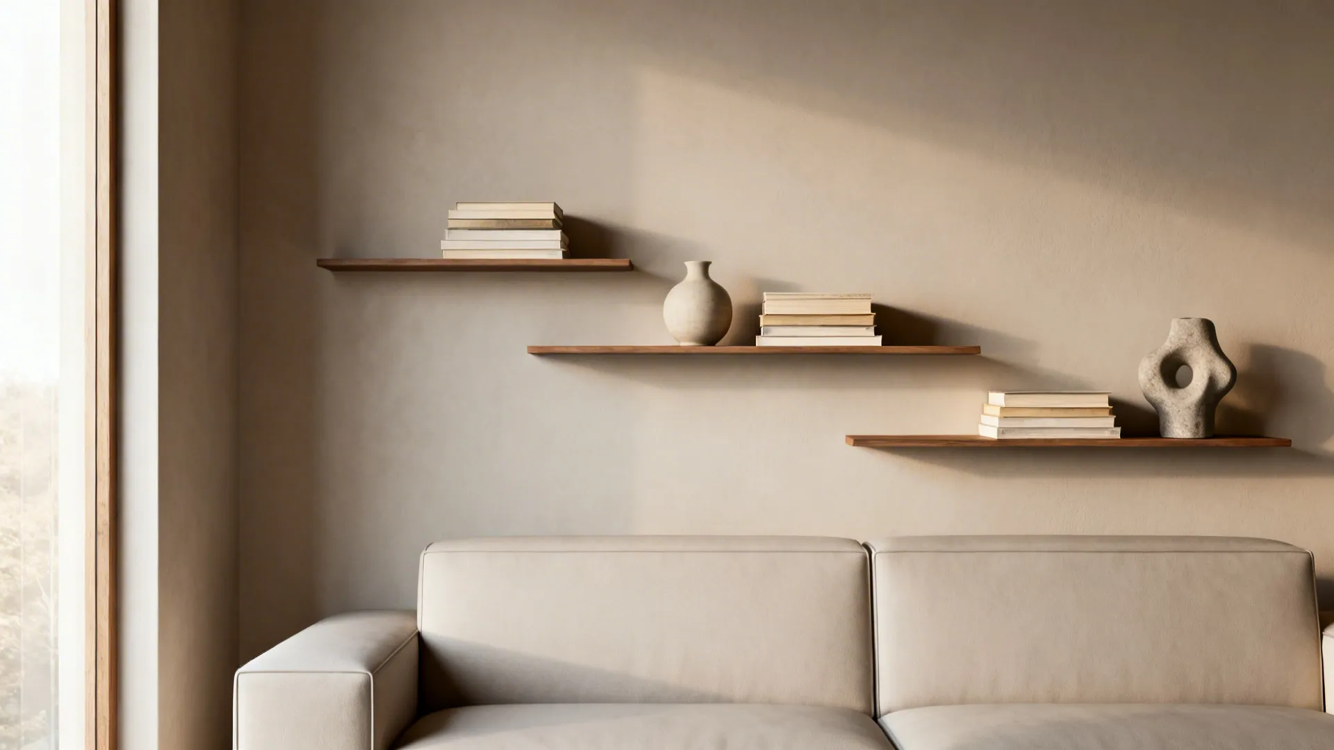 Minimalist living room with beige sofa and three wooden floating shelves holding books and ceramic vases