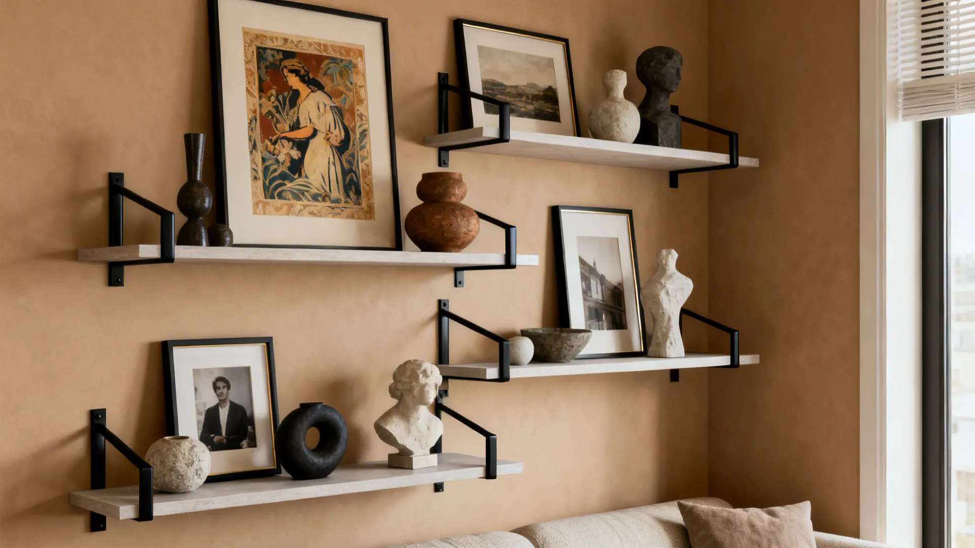 3. Curated Display Wall with Floating Shelves