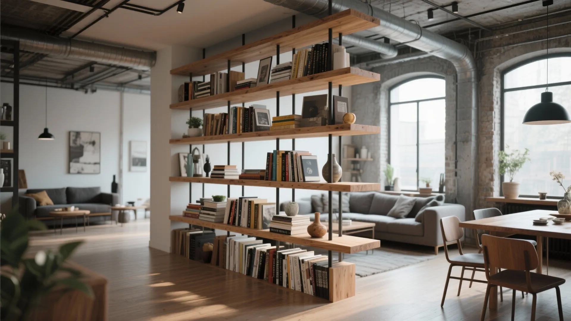 5. Floating Shelves Dividing the Space