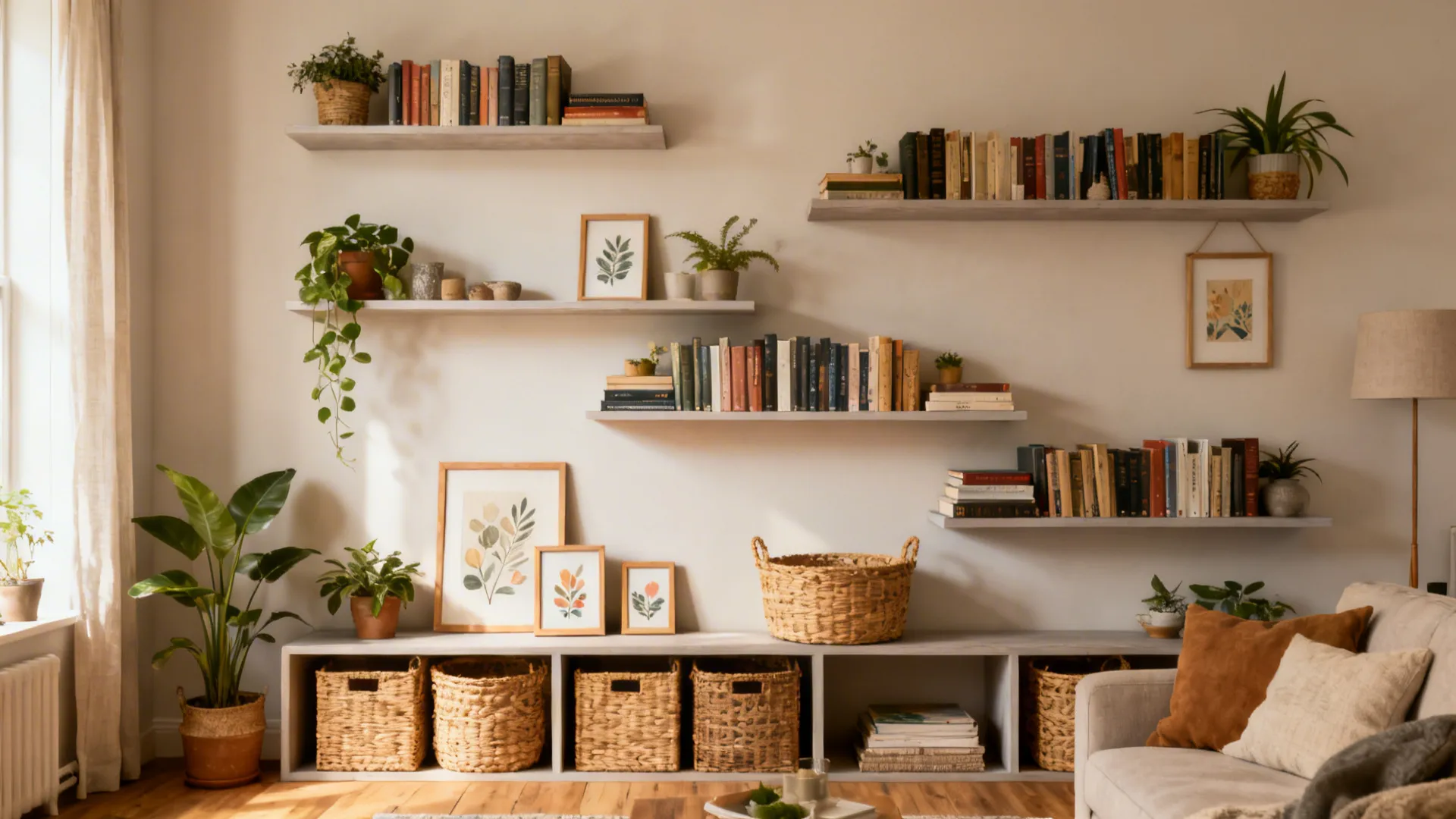 Floating shelves styled with books, plants, baskets and DIY framed prints in a small living room.