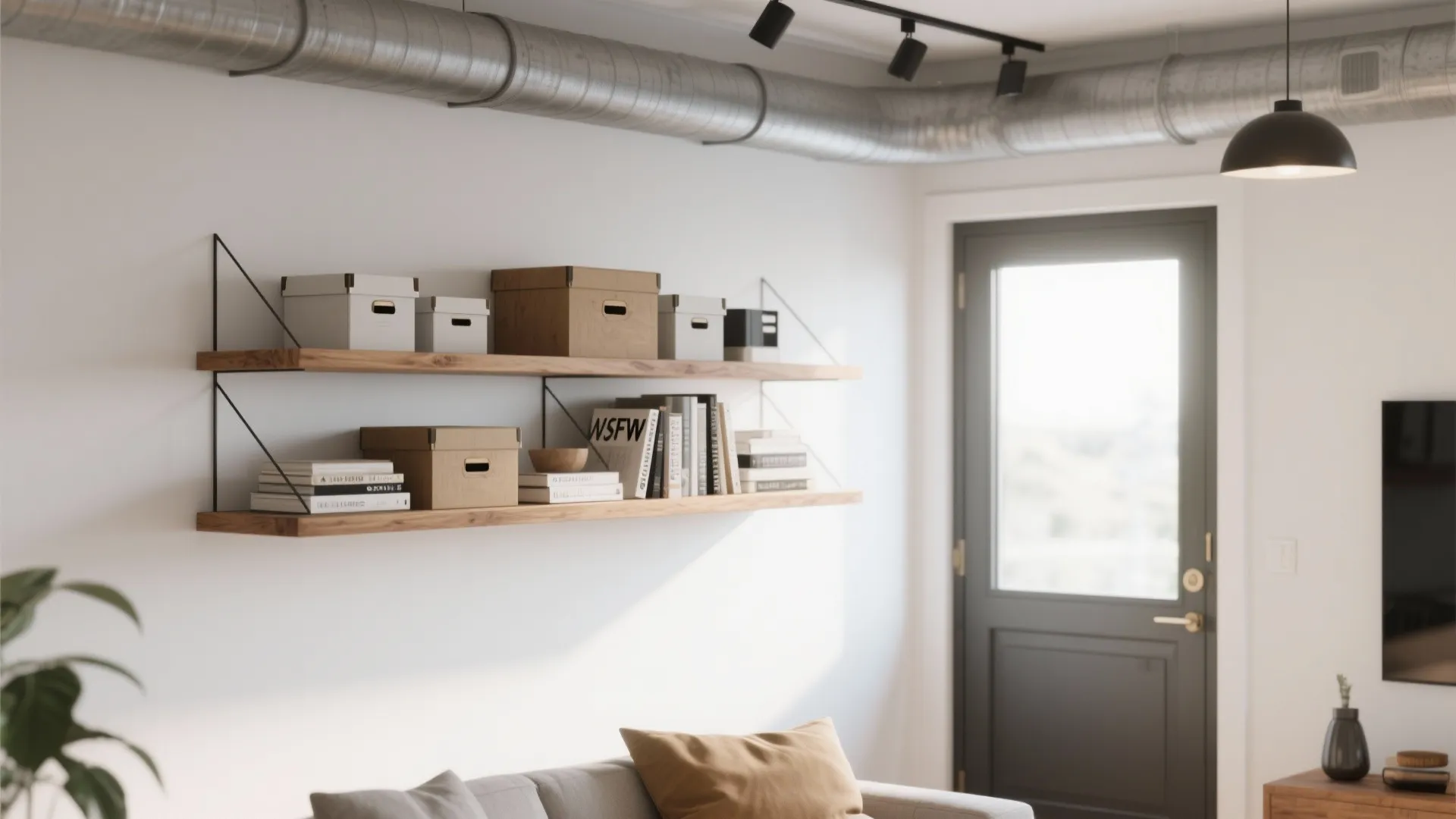 Floating shelves above a door frame with decor items in bright living room