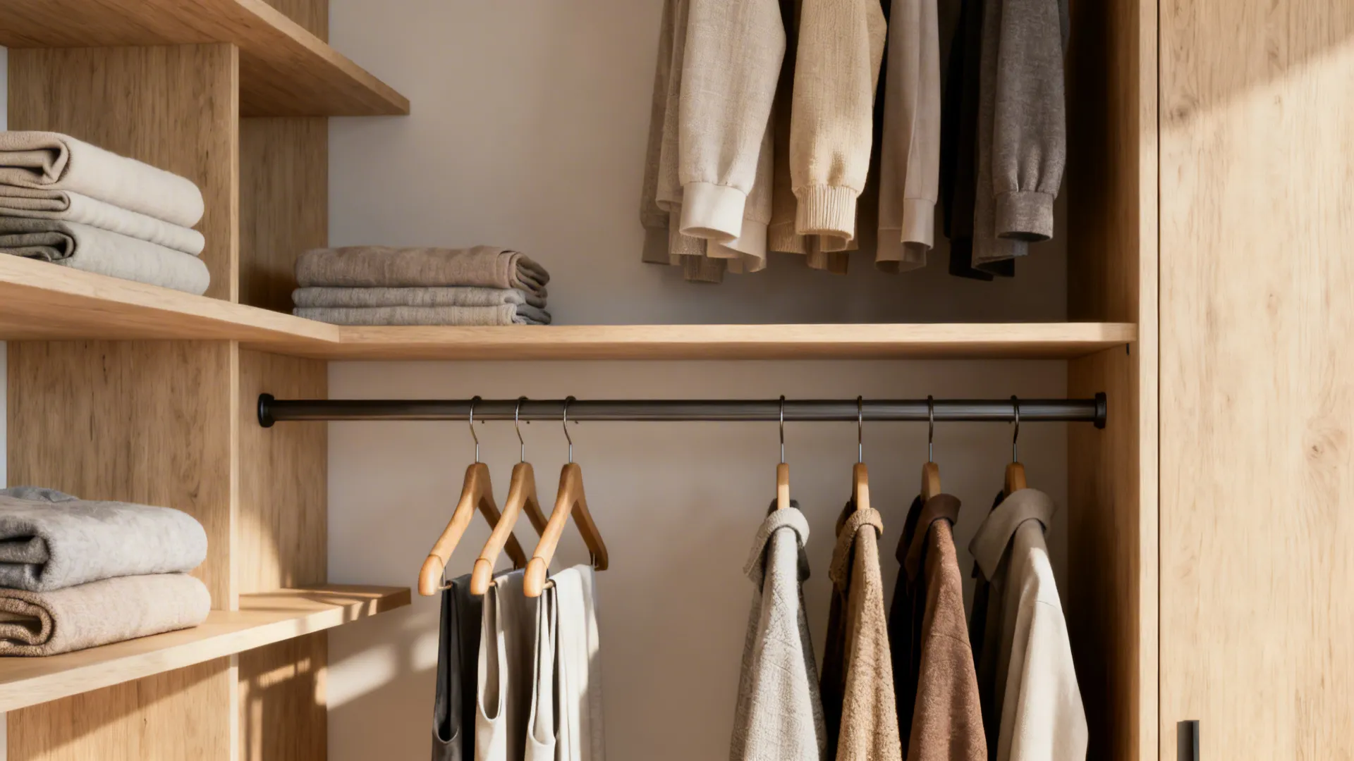 5. Floating shelves plus multi-level hanging