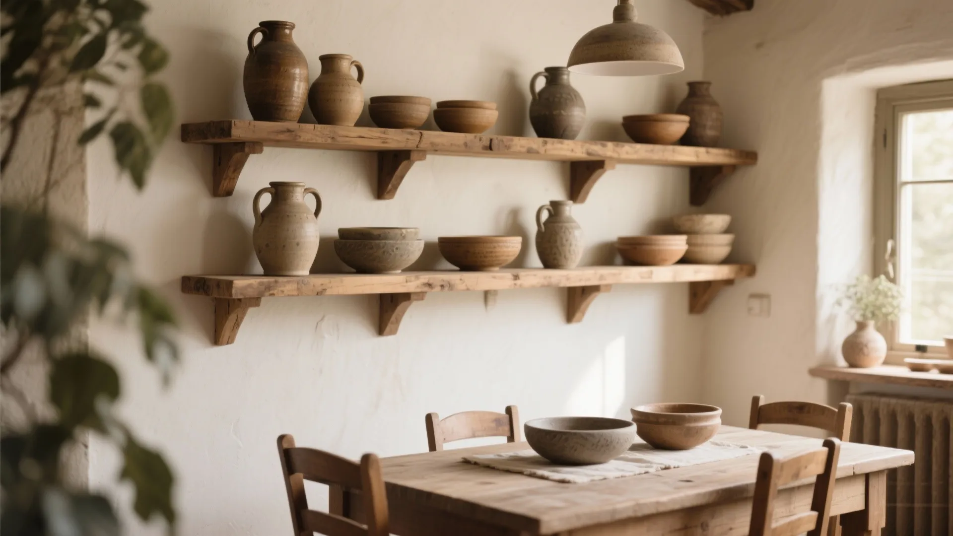 5. Floating Shelves with Earthenware