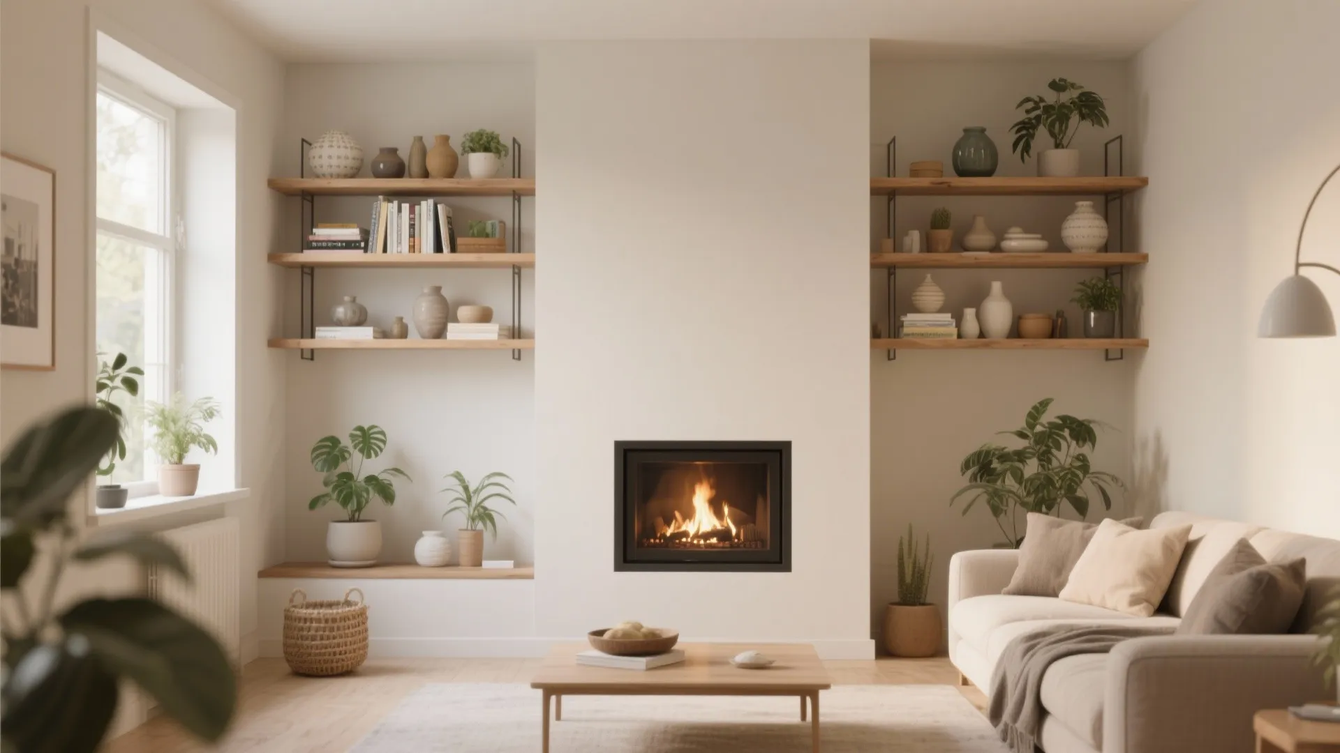 Floating shelves framing a modern fireplace in a small living room