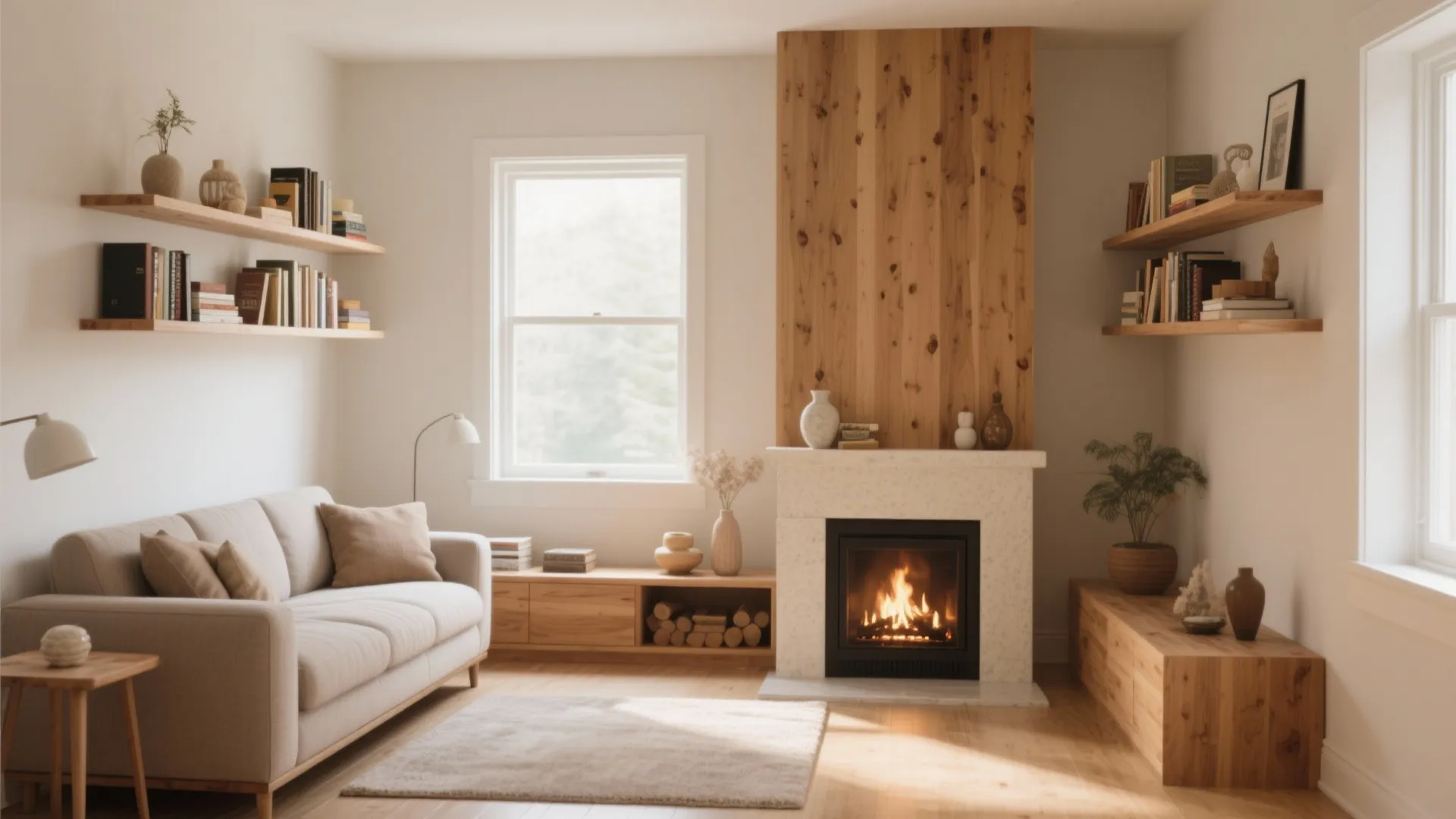 Modern living room featuring a cozy fireplace wooden wall panel floating shelves and cream colored sofa