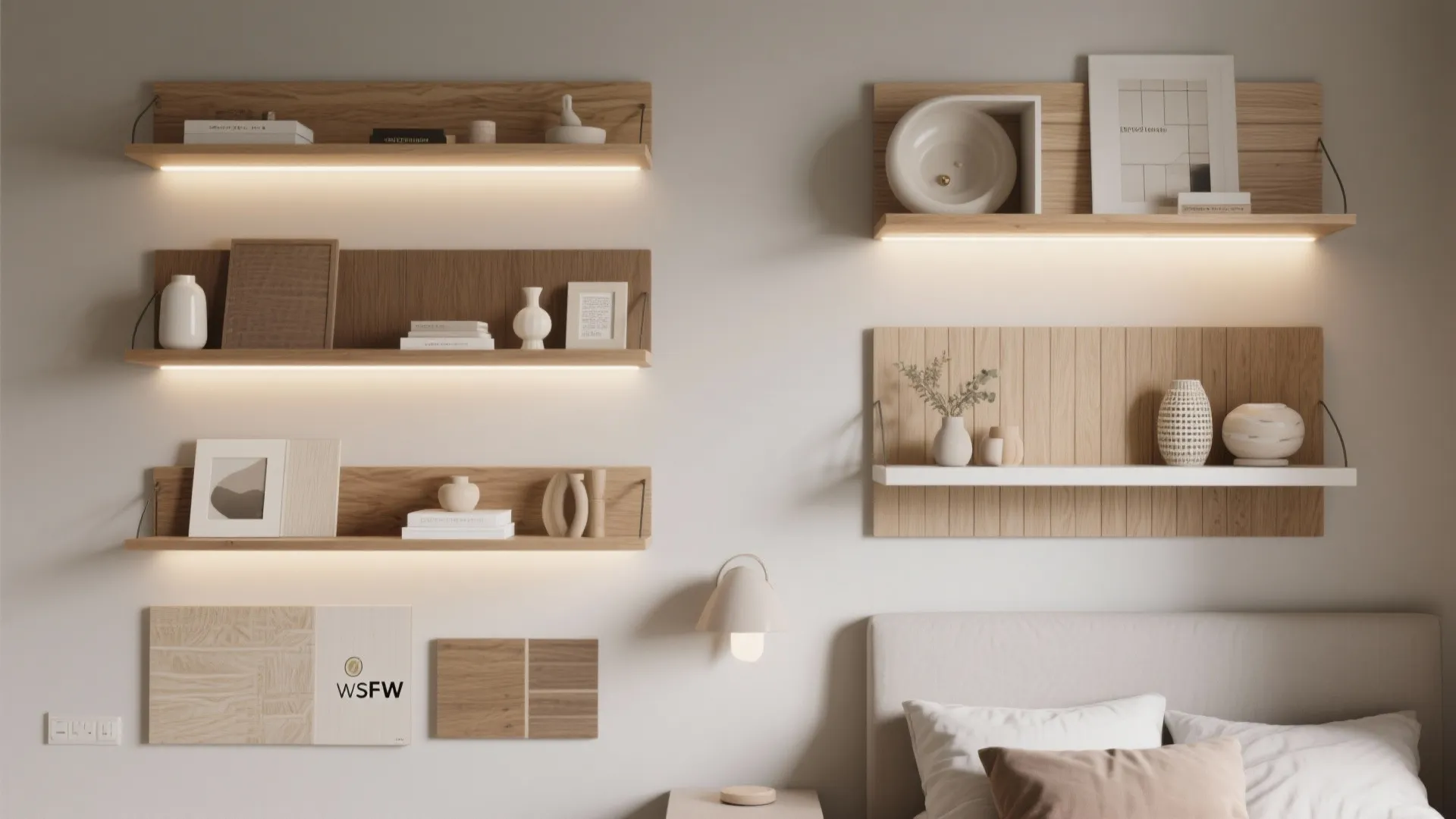 Wooden wall shelves with built-in lights displaying vases and frames above a neutral colored bed