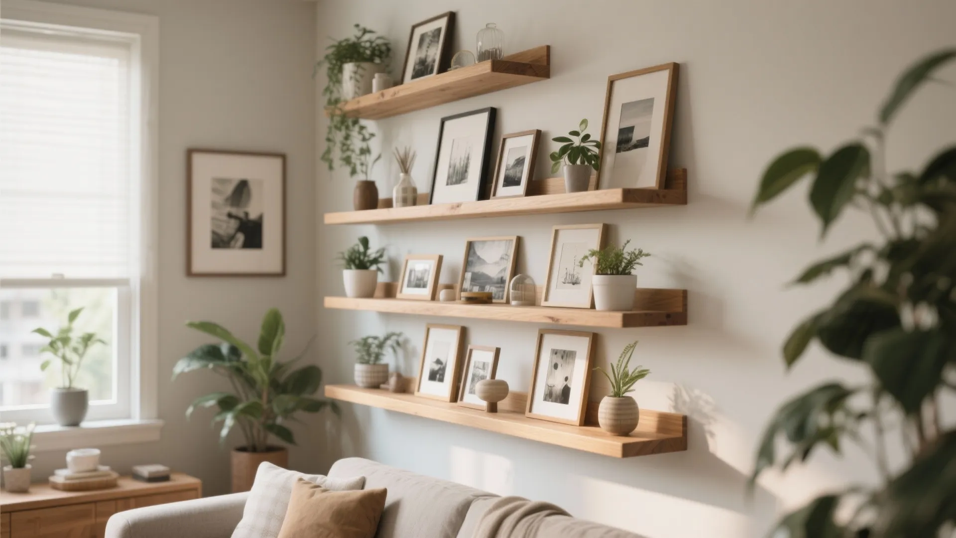 Wooden floating shelves on a white wall displaying picture frames and small green potted plants