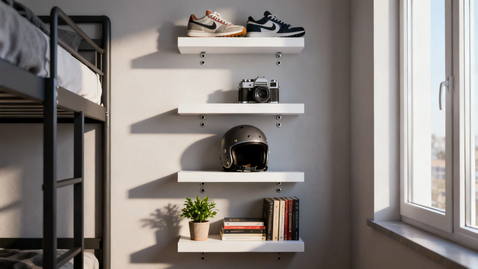Floating shelves displaying sneakers, a vintage camera and a helmet in a dorm room
