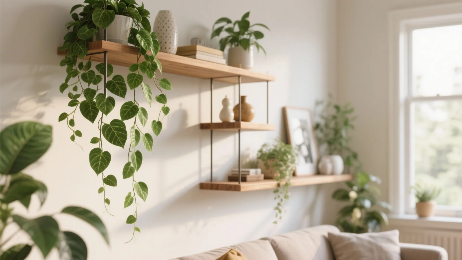 Wooden wall shelves with green hanging plants and books above a modern living room sofa