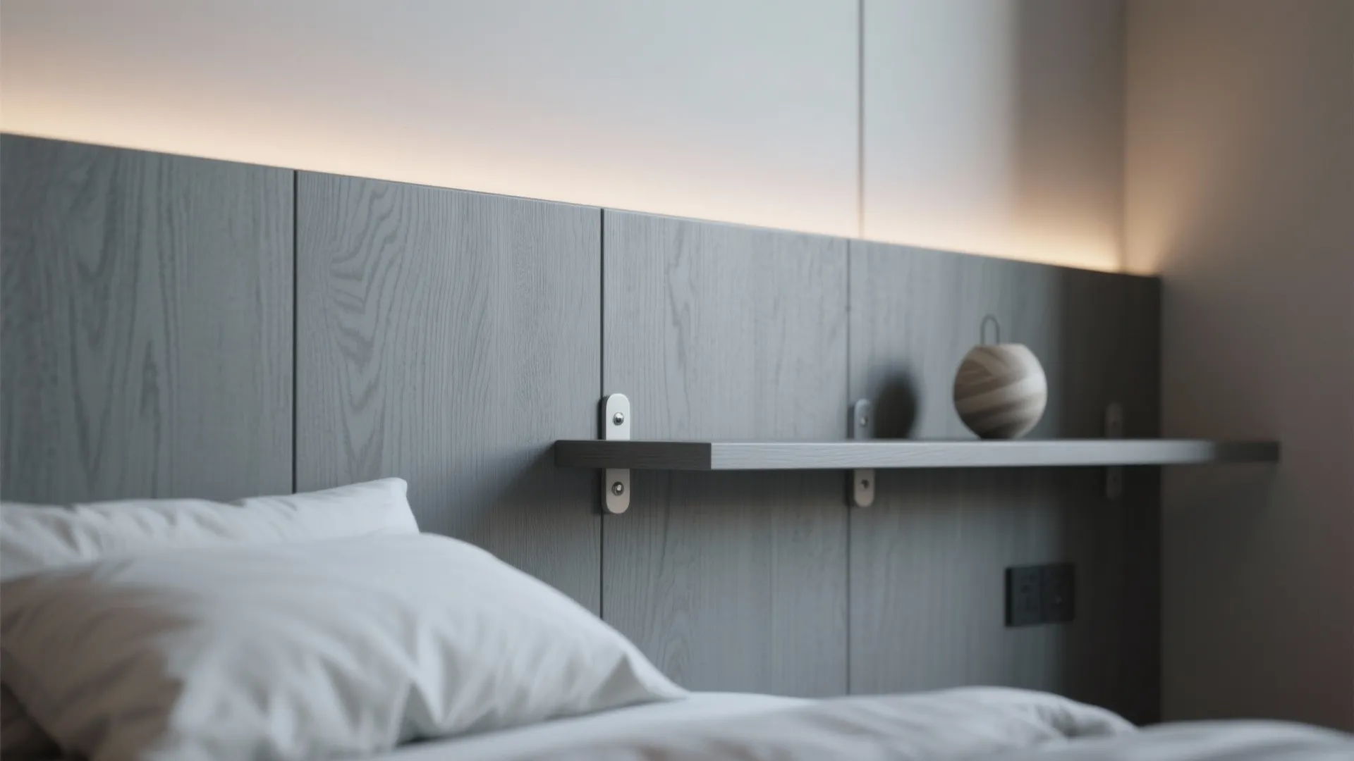 Muted grey wood headboard panel with hidden LED and floating bedside shelf.