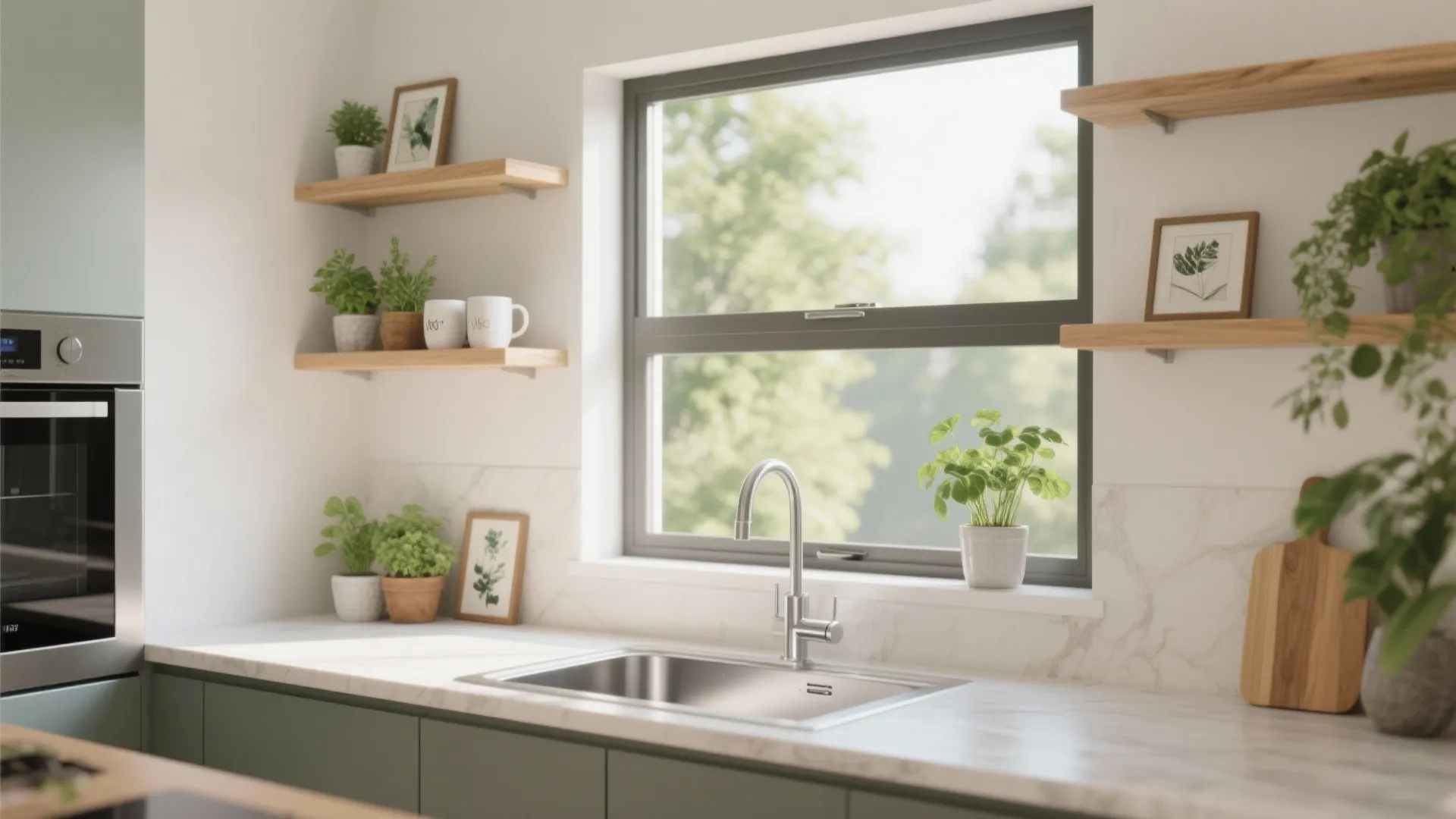 Bright kitchen with wooden floating shelves holding potted herbs and pictures next to a window