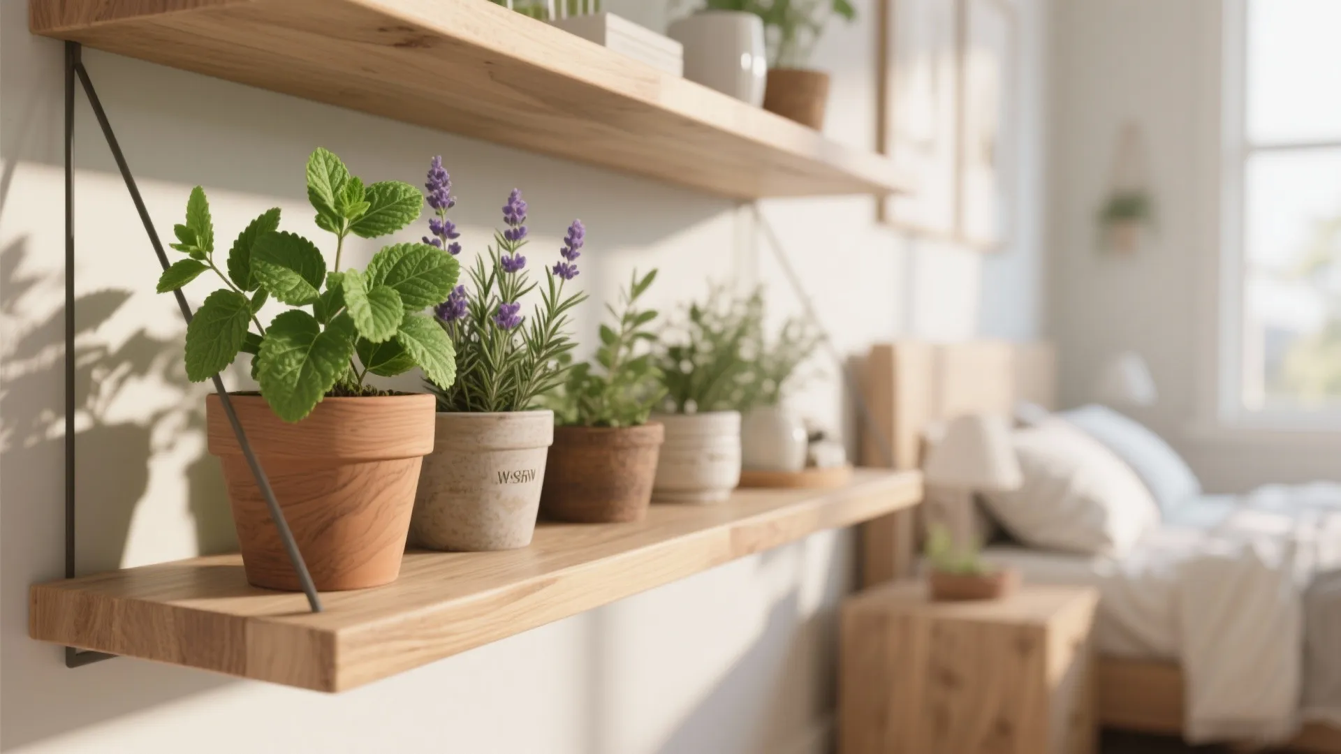 3. Floating shelves for potted herbs