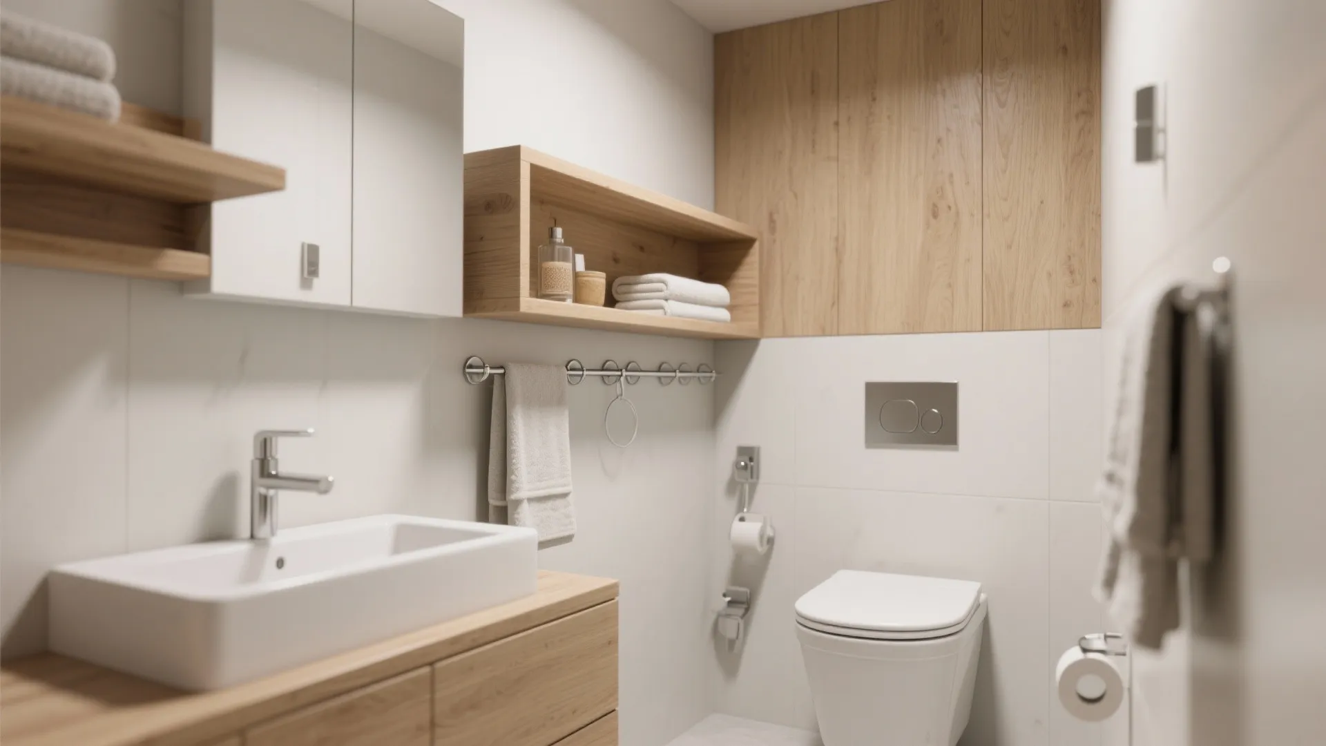 Floating shelves with integrated towel hooks
